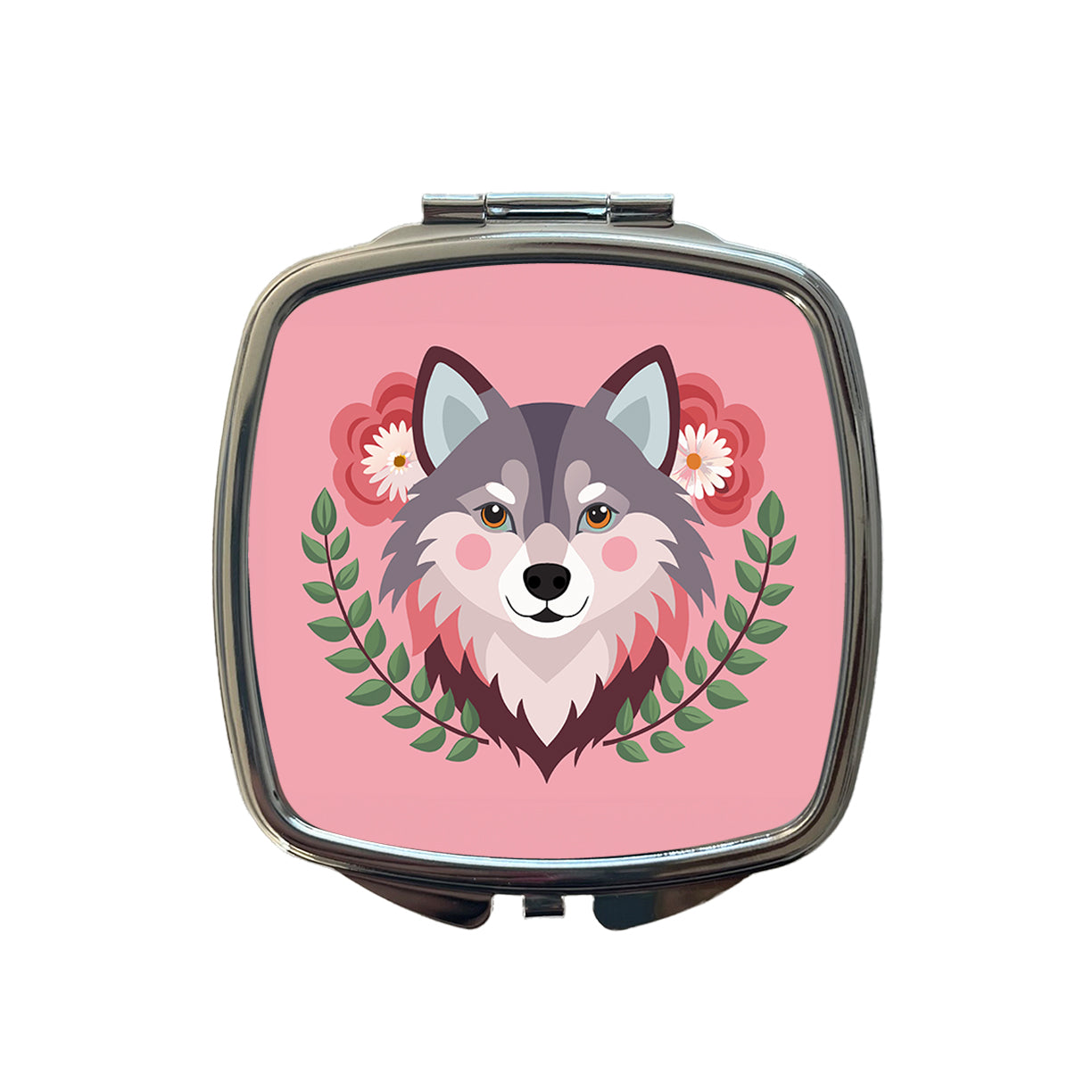 Pomsky Head Floral Motif Pink Cute Dog Small Travel Purse Handbag Pocket Makeup Compact Mirror