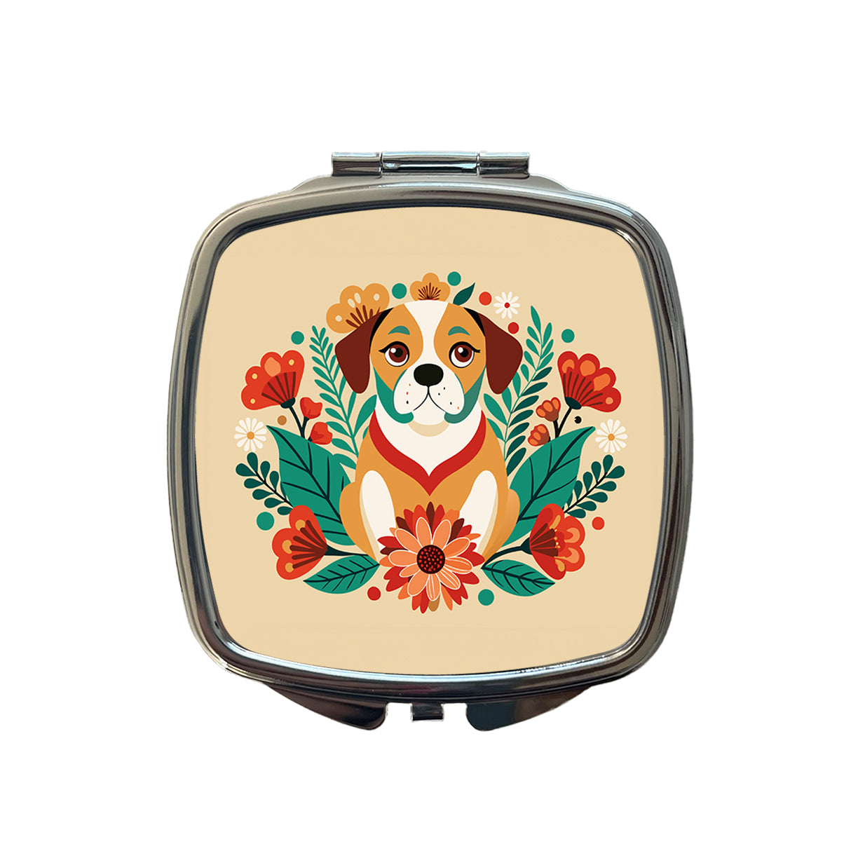 Puggle Floral Motif Dog Small Travel Purse Handbag Pocket Makeup Compact Mirror