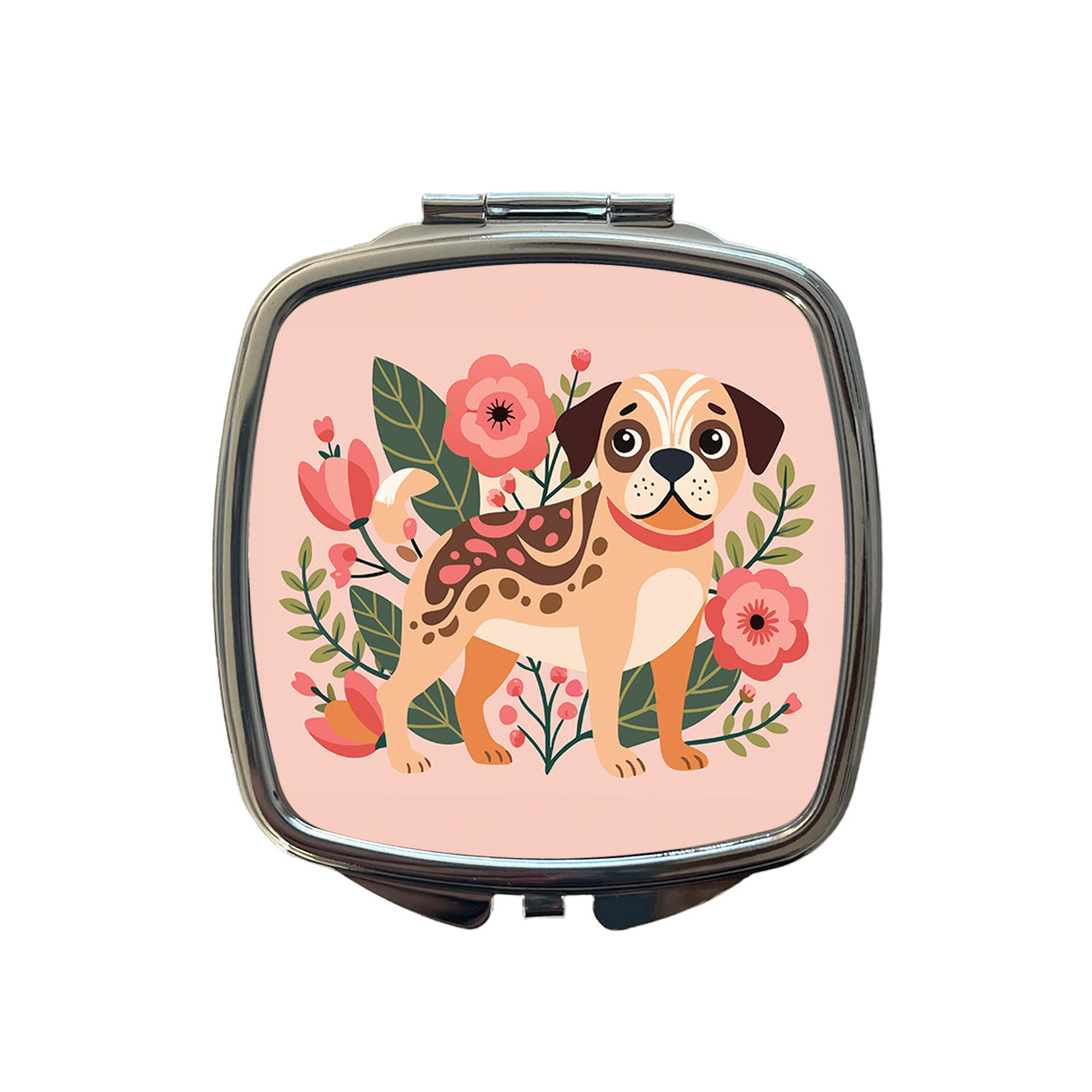 Puggle Floral Motif Pink Dog Small Travel Purse Handbag Pocket Makeup Compact Mirror
