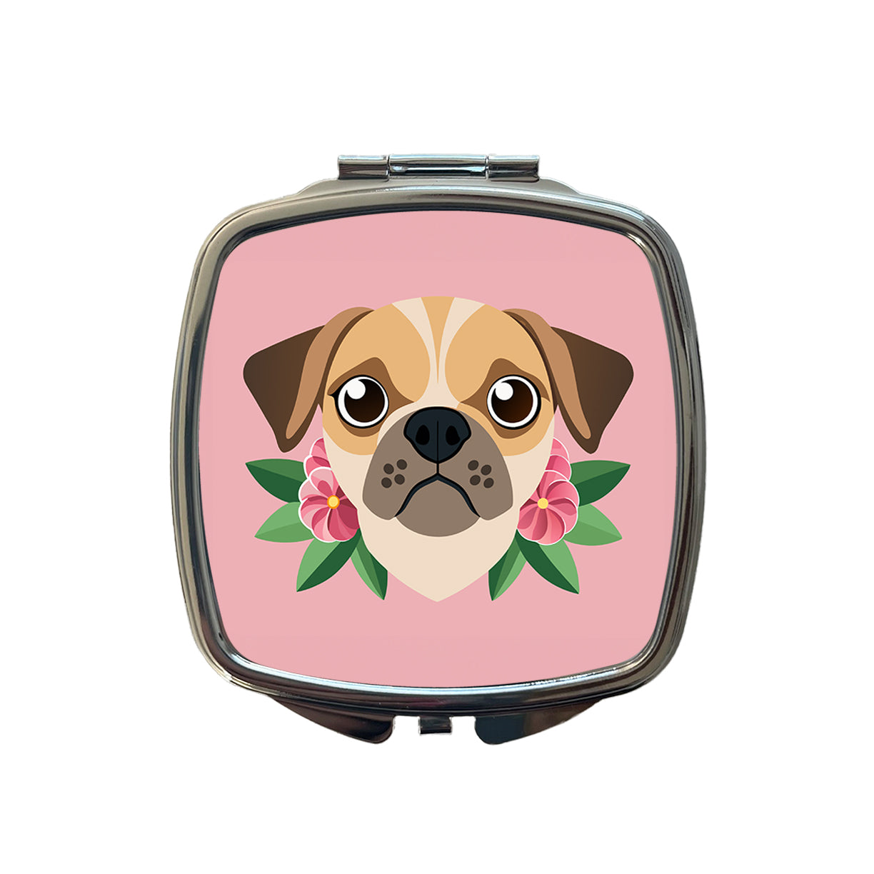 Puggle Head Floral Motif Pink Dog Small Travel Purse Handbag Pocket Makeup Compact Mirror