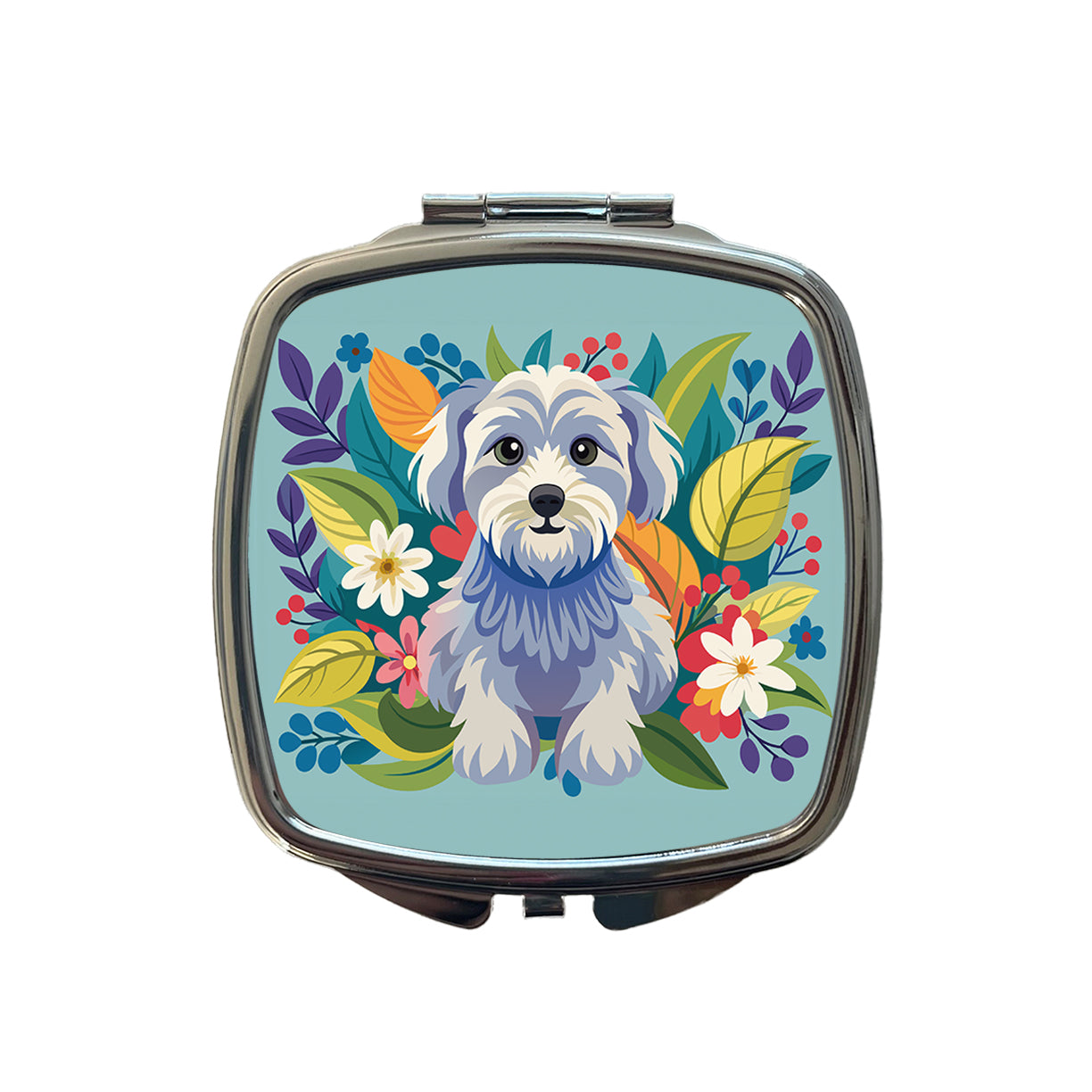 Schnoodle Floral Motif Blue Dog Small Travel Purse Handbag Pocket Makeup Compact Mirror