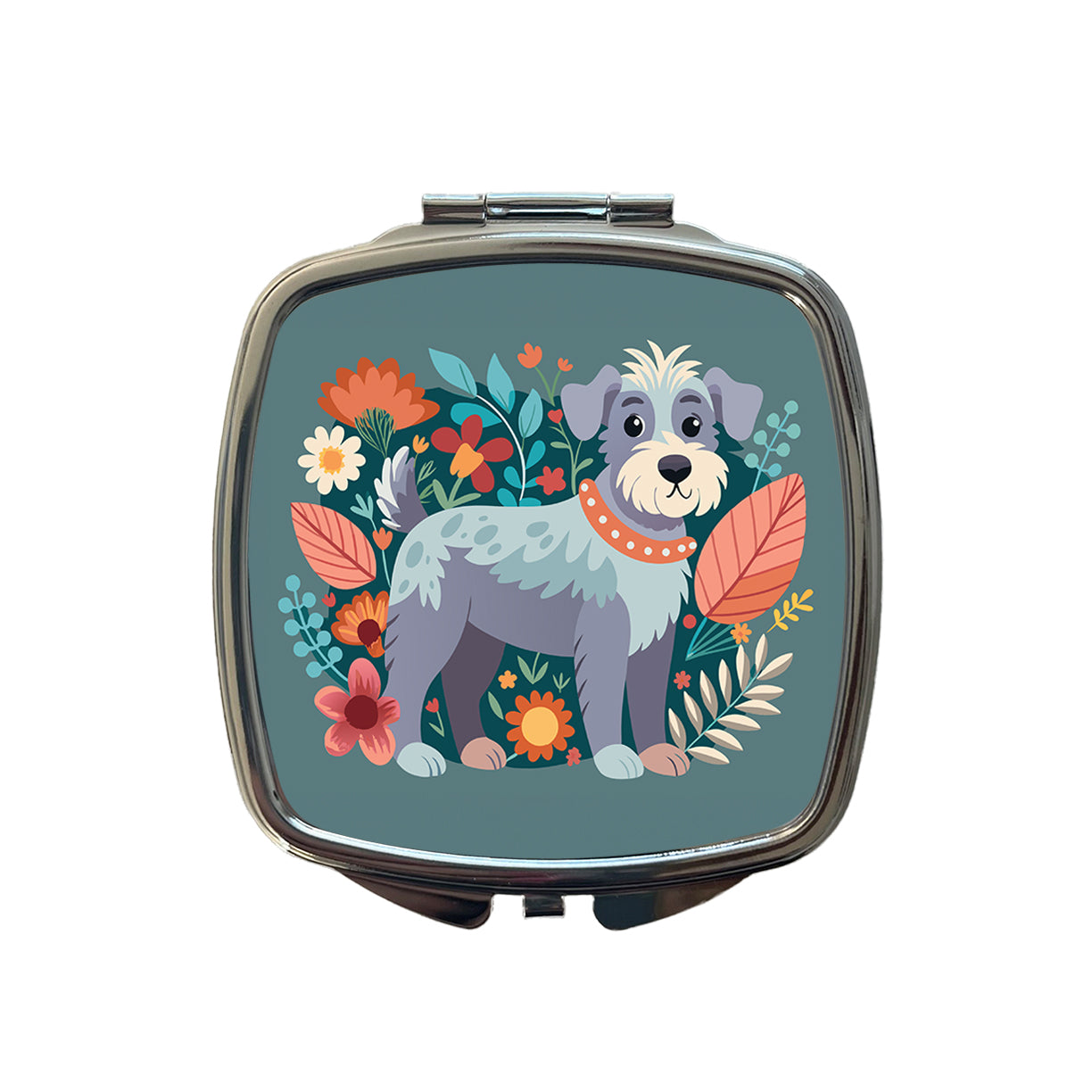 Schnoodle Floral Motif Dog Gray Small Travel Purse Handbag Pocket Makeup Compact Mirror