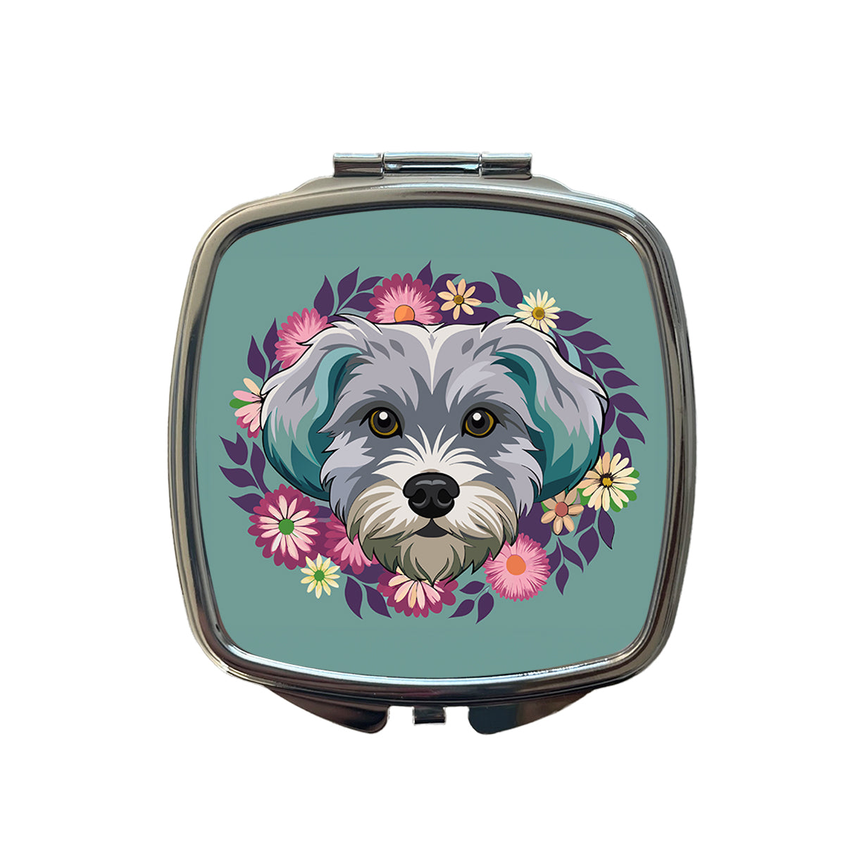 Schnoodle Head Floral Motif Dog Cute Small Travel Purse Handbag Pocket Makeup Compact Mirror