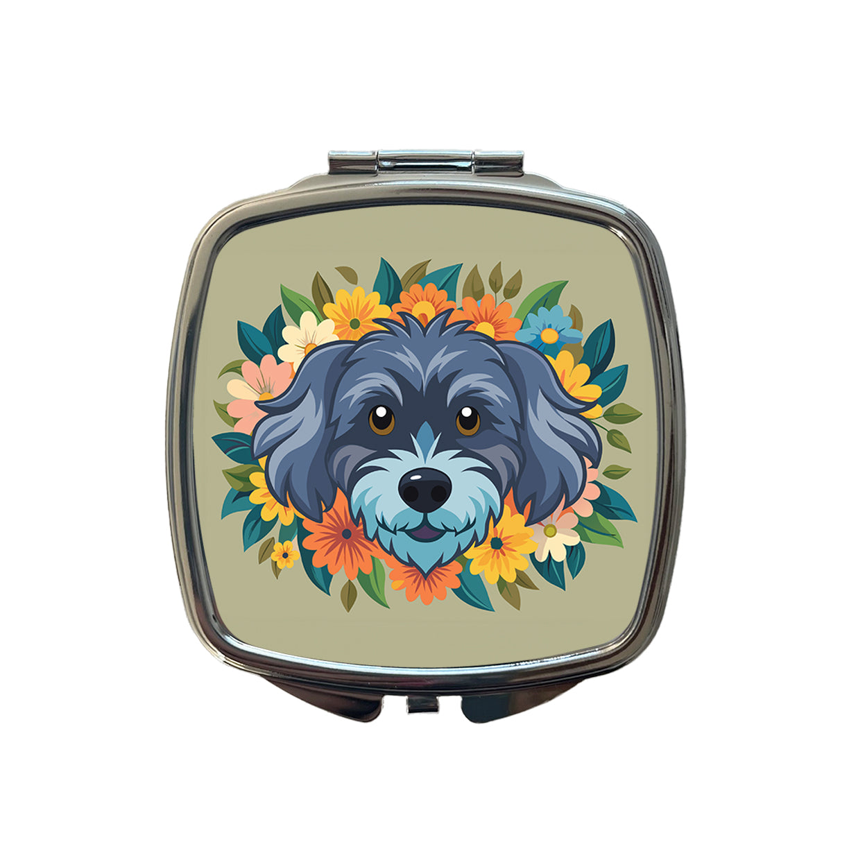 Schnoodle Head Floral Motif Dog Small Travel Purse Handbag Pocket Makeup Compact Mirror