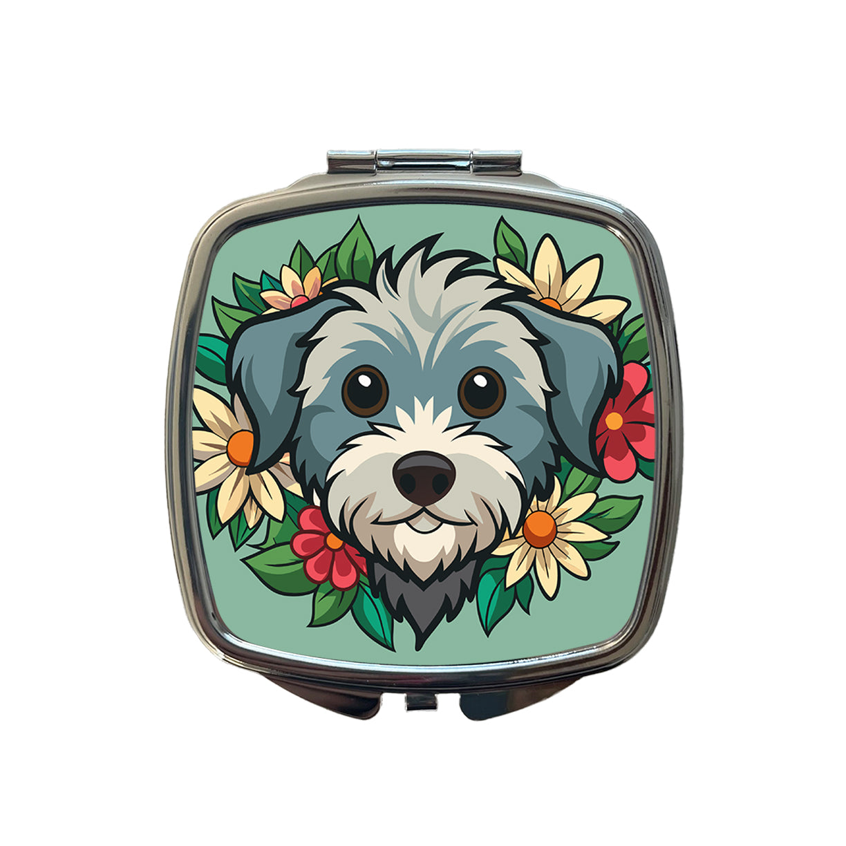 Schnoodle Head Floral Motif Green Dog Small Travel Purse Handbag Pocket Makeup Compact Mirror