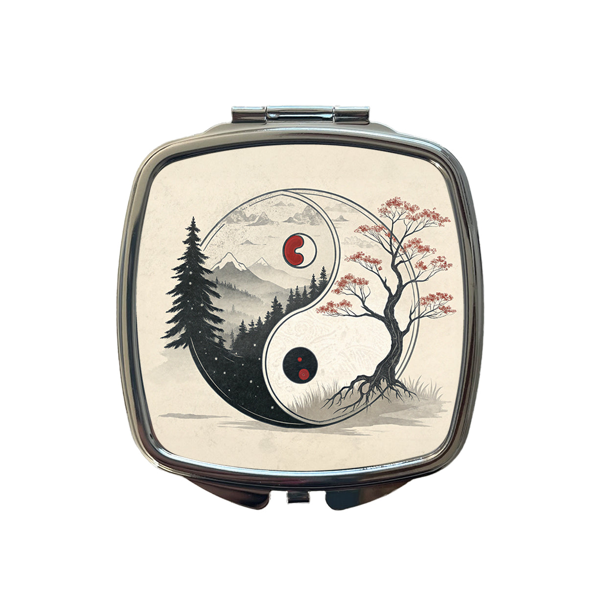Yin Yang Japanese Cherry Blossoms Small Travel Purse Handbag Pocket Makeup Compact Mirror