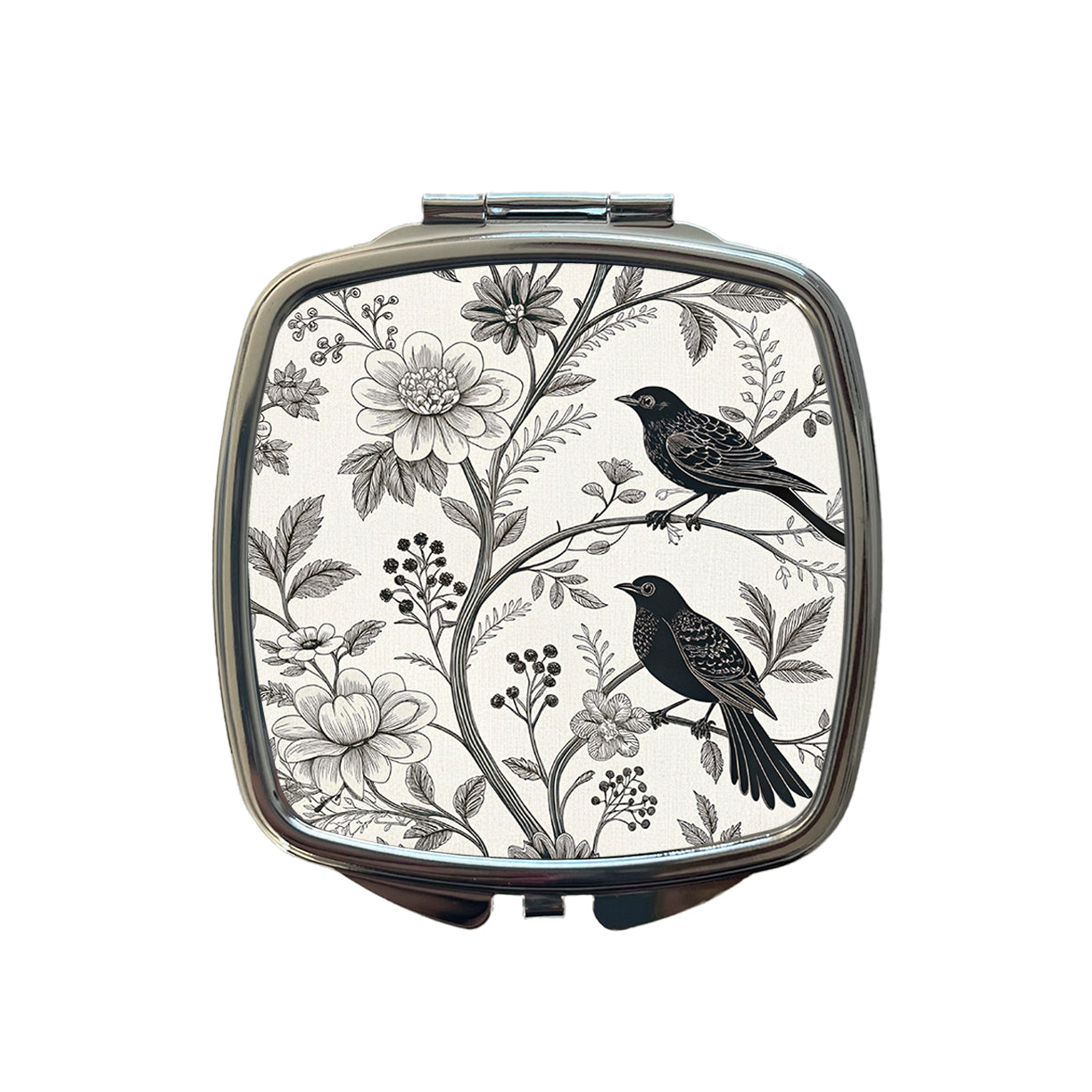 Black On White Toile With Birds Small Travel Purse Handbag Pocket Makeup Compact Mirror