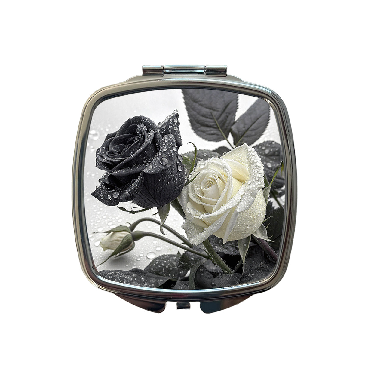 Black White Roses Dewy Small Travel Purse Handbag Pocket Makeup Compact Mirror