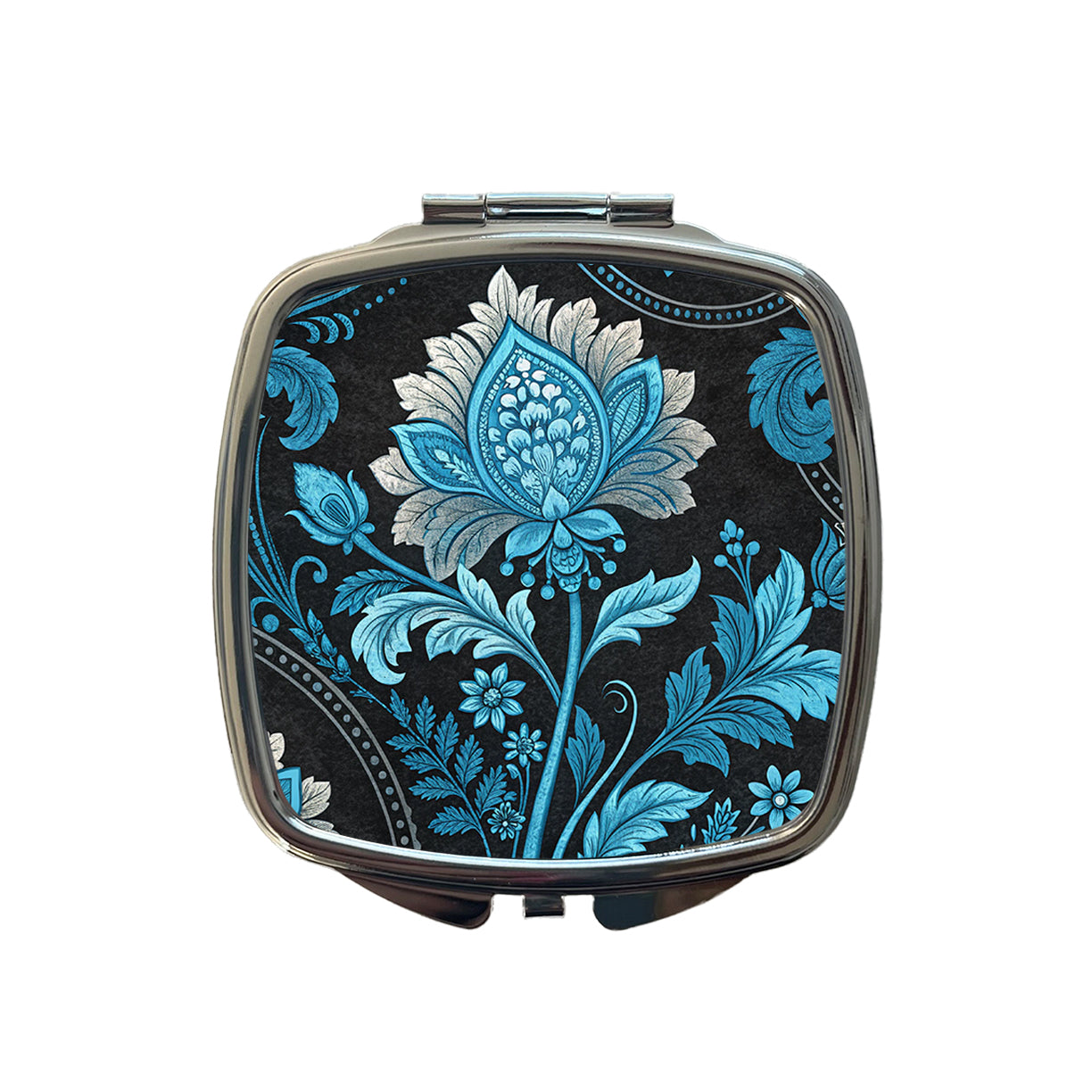 Blue Damask On Black Small Travel Purse Handbag Pocket Makeup Compact Mirror