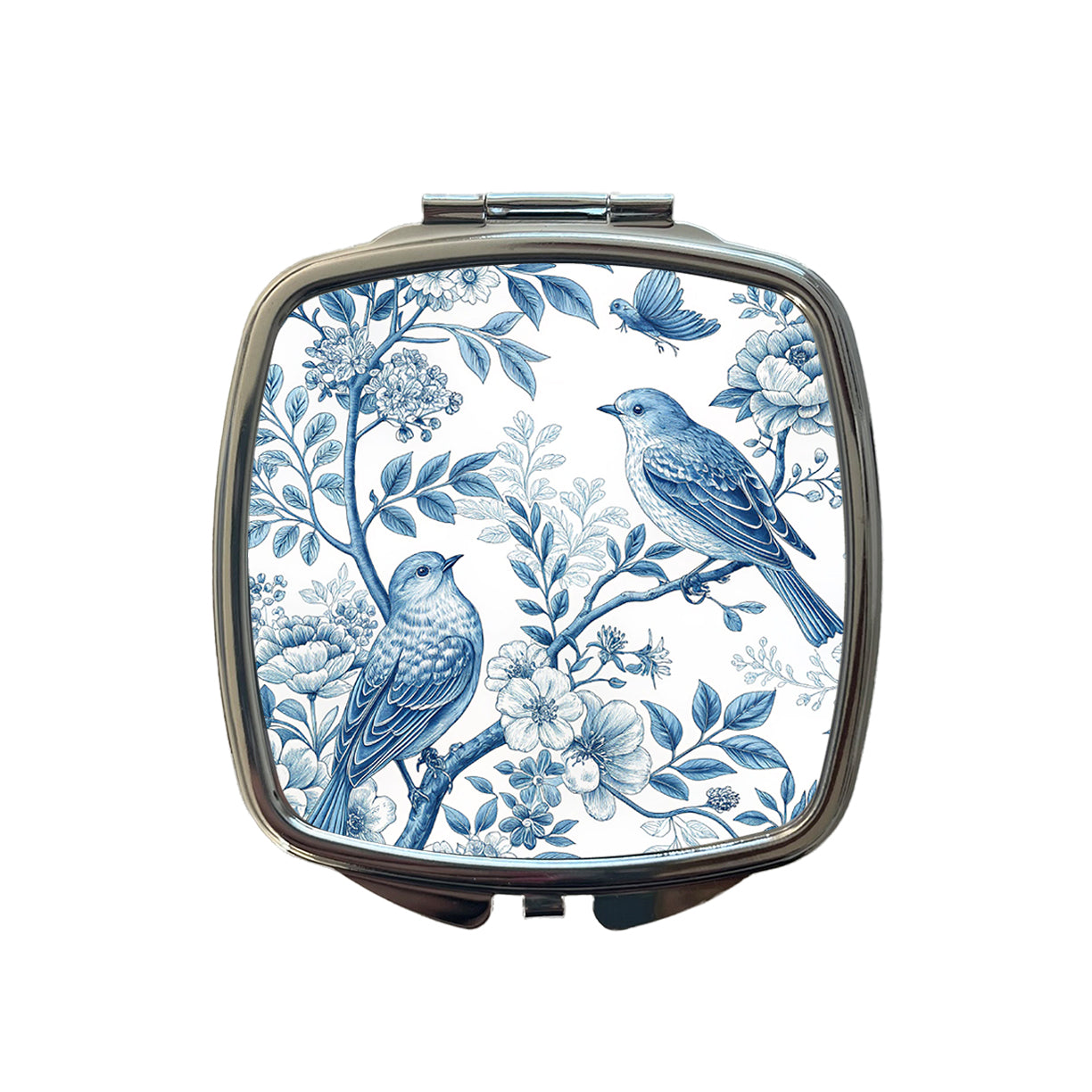 Blue On White Toile With Birds Small Travel Purse Handbag Pocket Makeup Compact Mirror