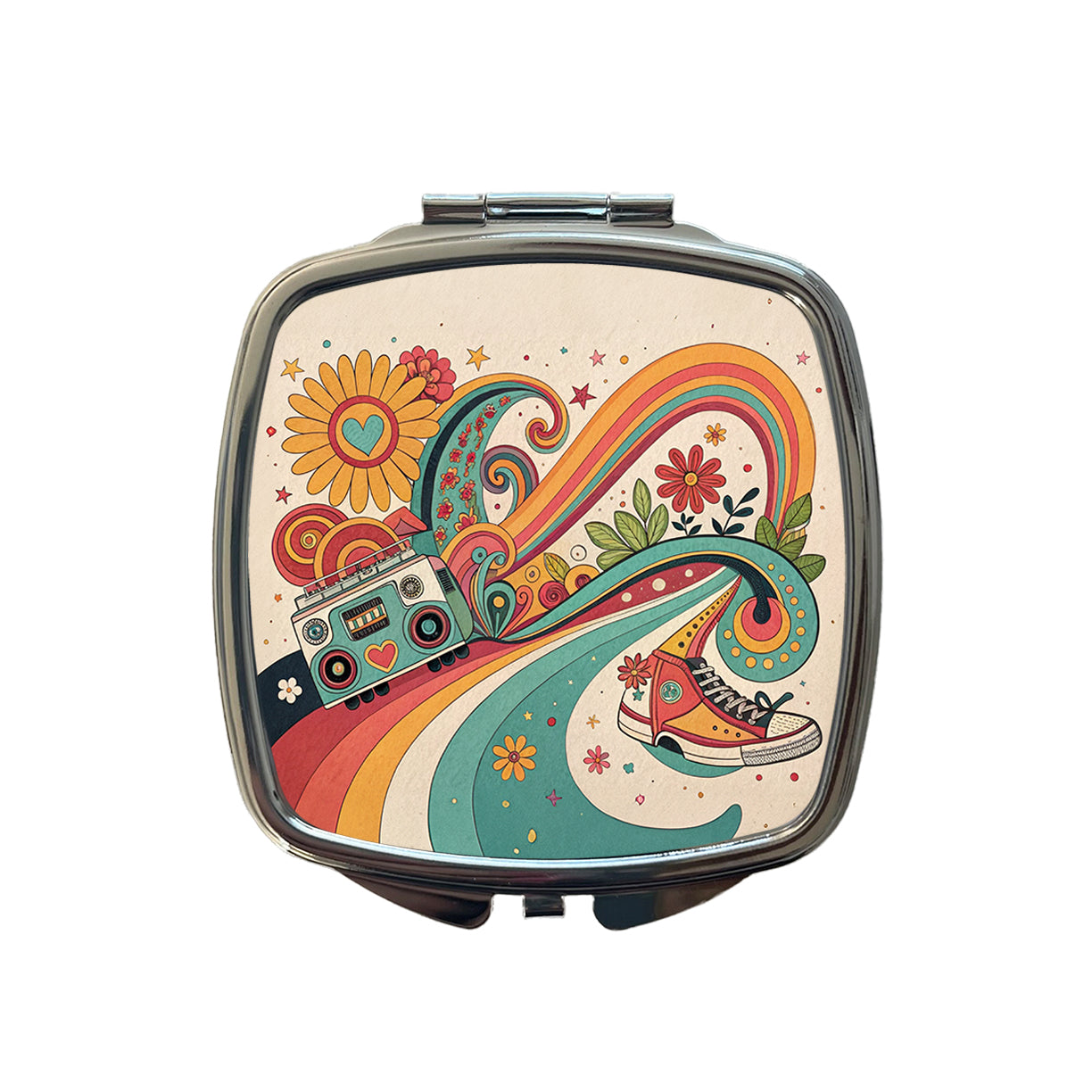 Groovy Design 70's Small Travel Purse Handbag Pocket Makeup Compact Mirror