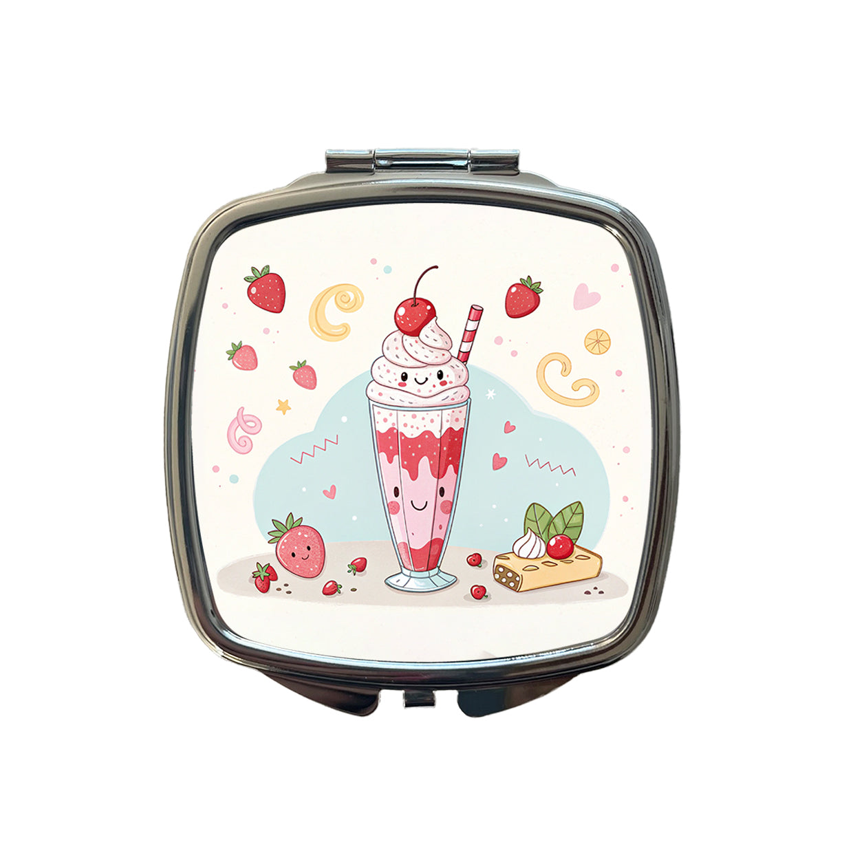 Kawaii Strawberry Milk Shake Small Travel Purse Handbag Pocket Makeup Compact Mirror