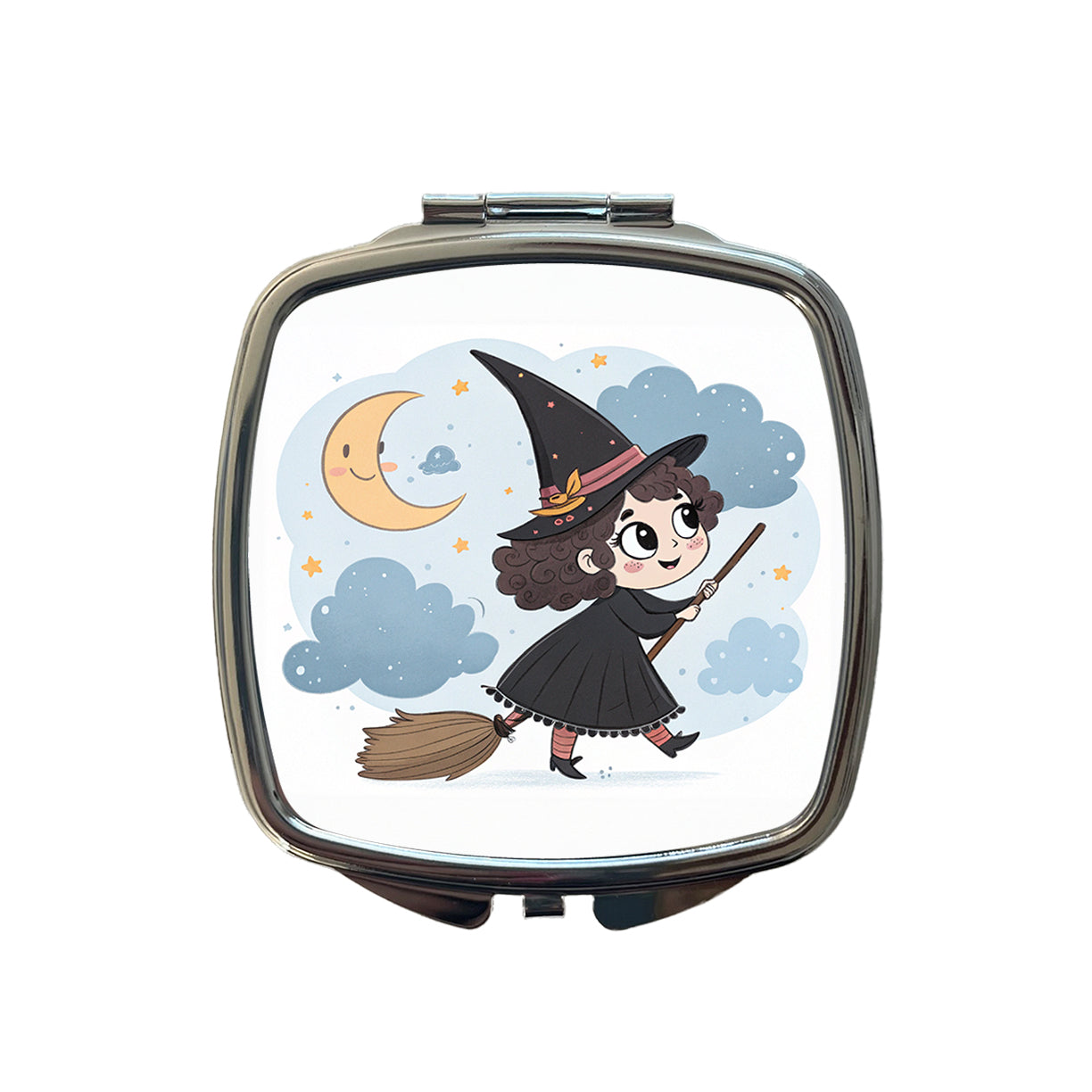 Kawaii Witch Broom Halloween Small Travel Purse Handbag Pocket Makeup Compact Mirror