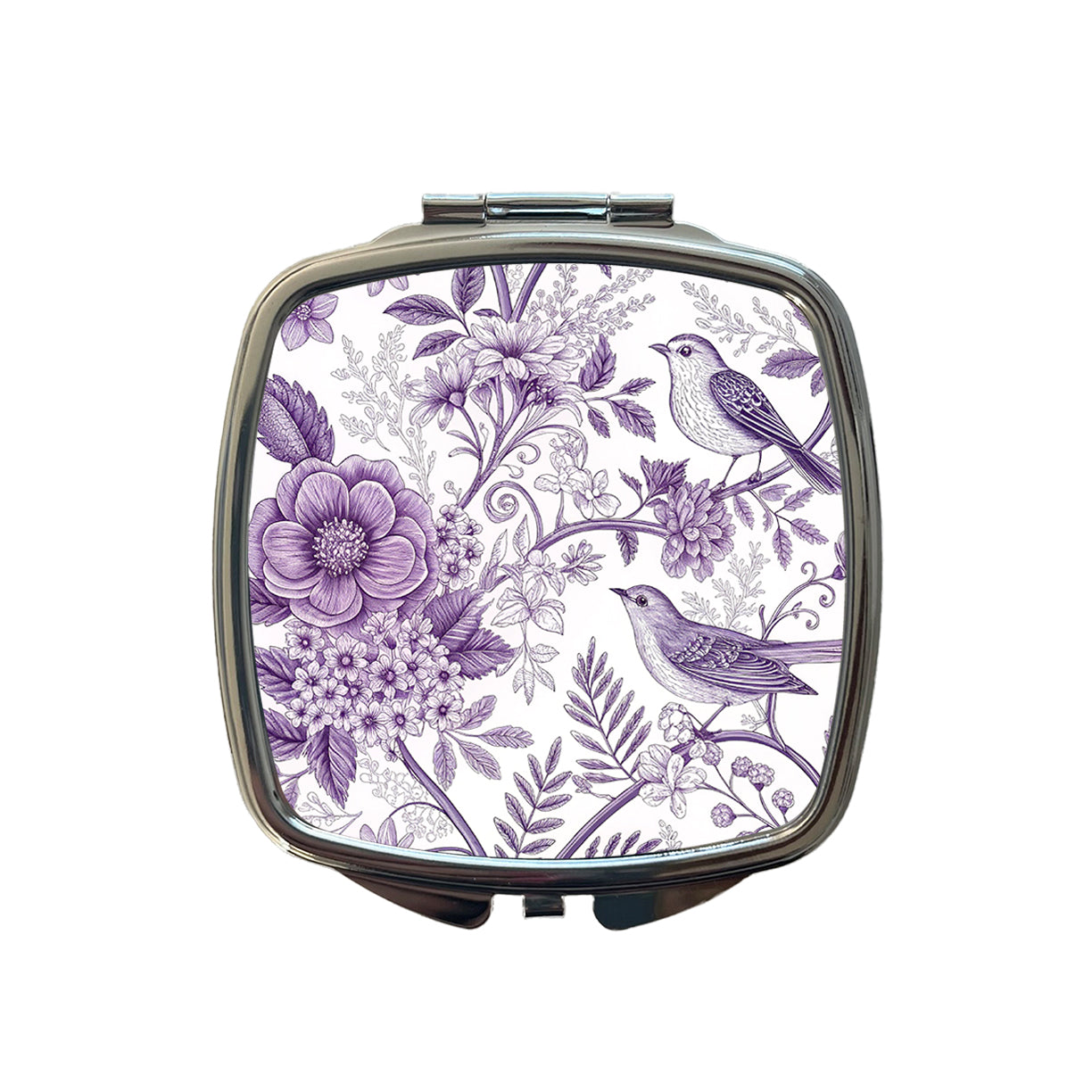 Purple On White Toile With Birds Small Travel Purse Handbag Pocket Makeup Compact Mirror