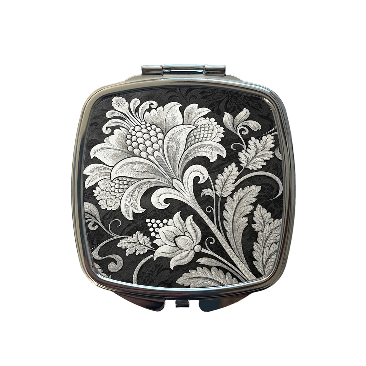 White Damask On Black Small Travel Purse Handbag Pocket Makeup Compact Mirror