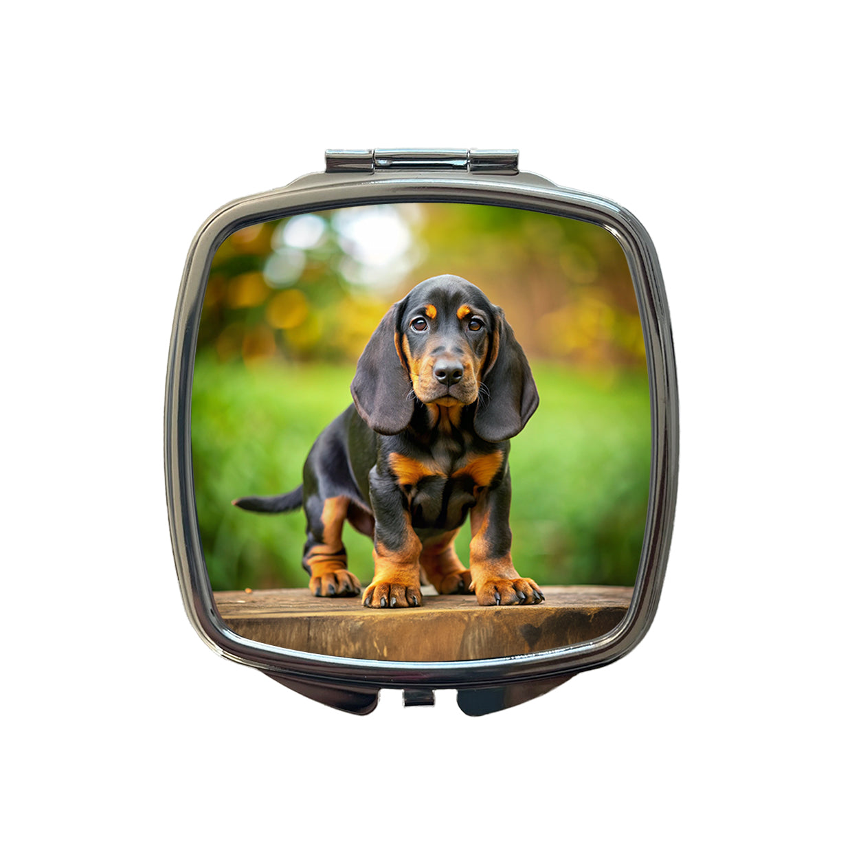 Black And Tan Coonhound Dog Puppy Photo Small Travel Purse Handbag Pocket Makeup Compact Mirror