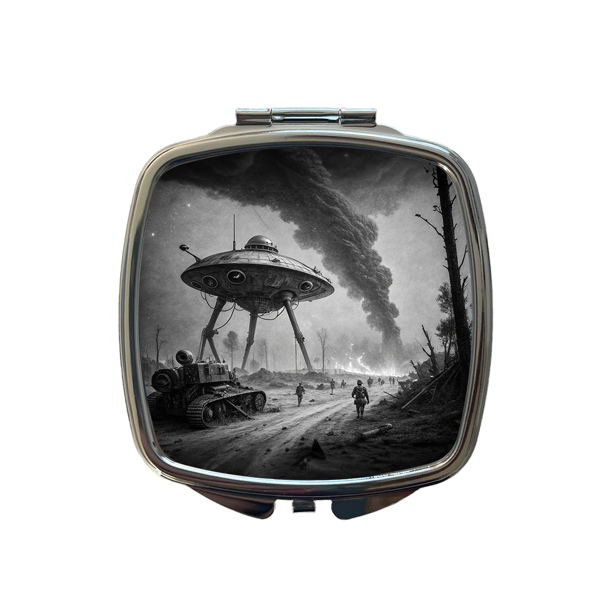 Martian Alien Invasion Tripod War Machine Retro Black and White Small Travel Purse Handbag Pocket Makeup Compact Mirror