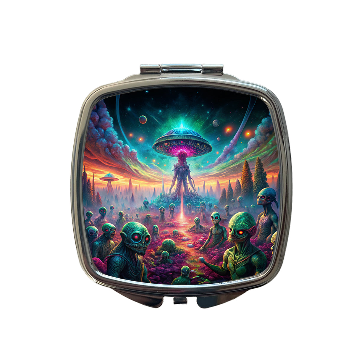 Psychedelic Alien Invasion Vibrant Colors Small Travel Purse Handbag Pocket Makeup Compact Mirror