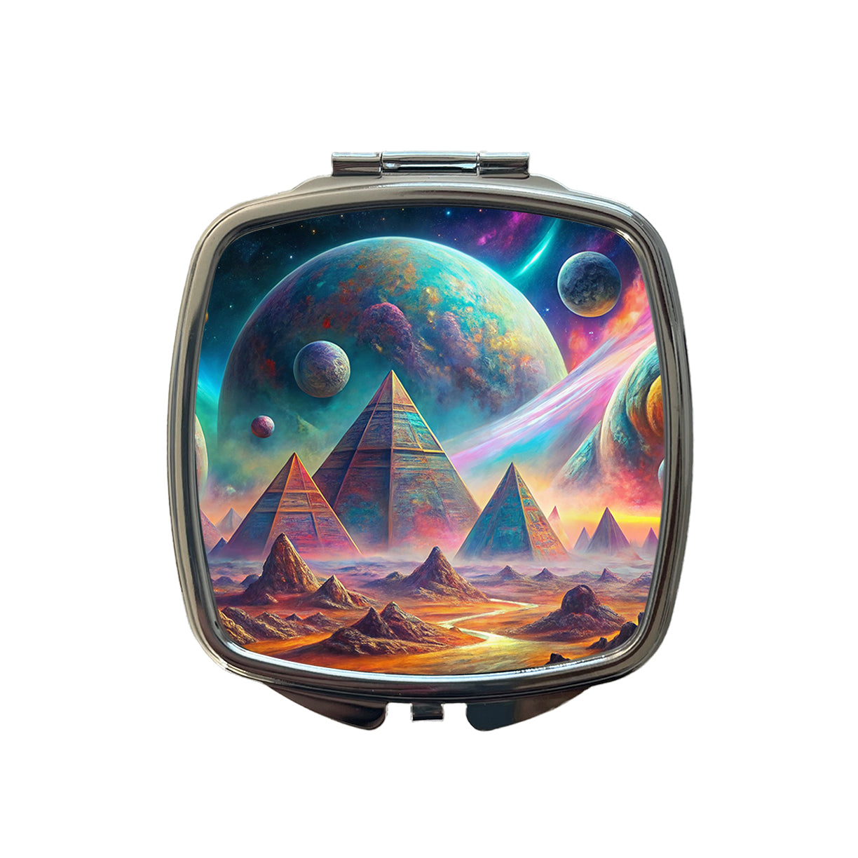 Psychedelic Alien Planet With Pyramids Vibrant Colors Small Travel Purse Handbag Pocket Makeup Compact Mirror