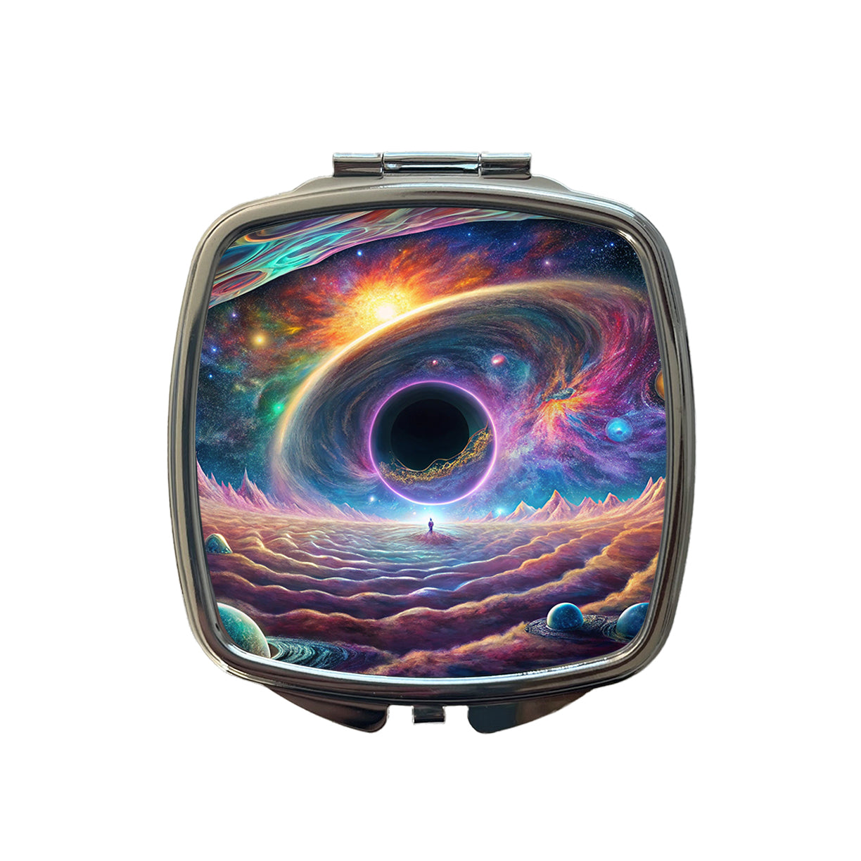 Psychedelic Black Hole Galaxy Space Vibrant Colors Small Travel Purse Handbag Pocket Makeup Compact Mirror