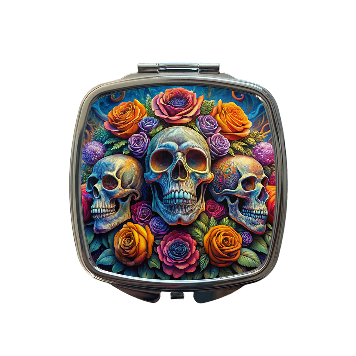 Psychedelic Colorful Skulls And Roses Small Travel Purse Handbag Pocket Makeup Compact Mirror