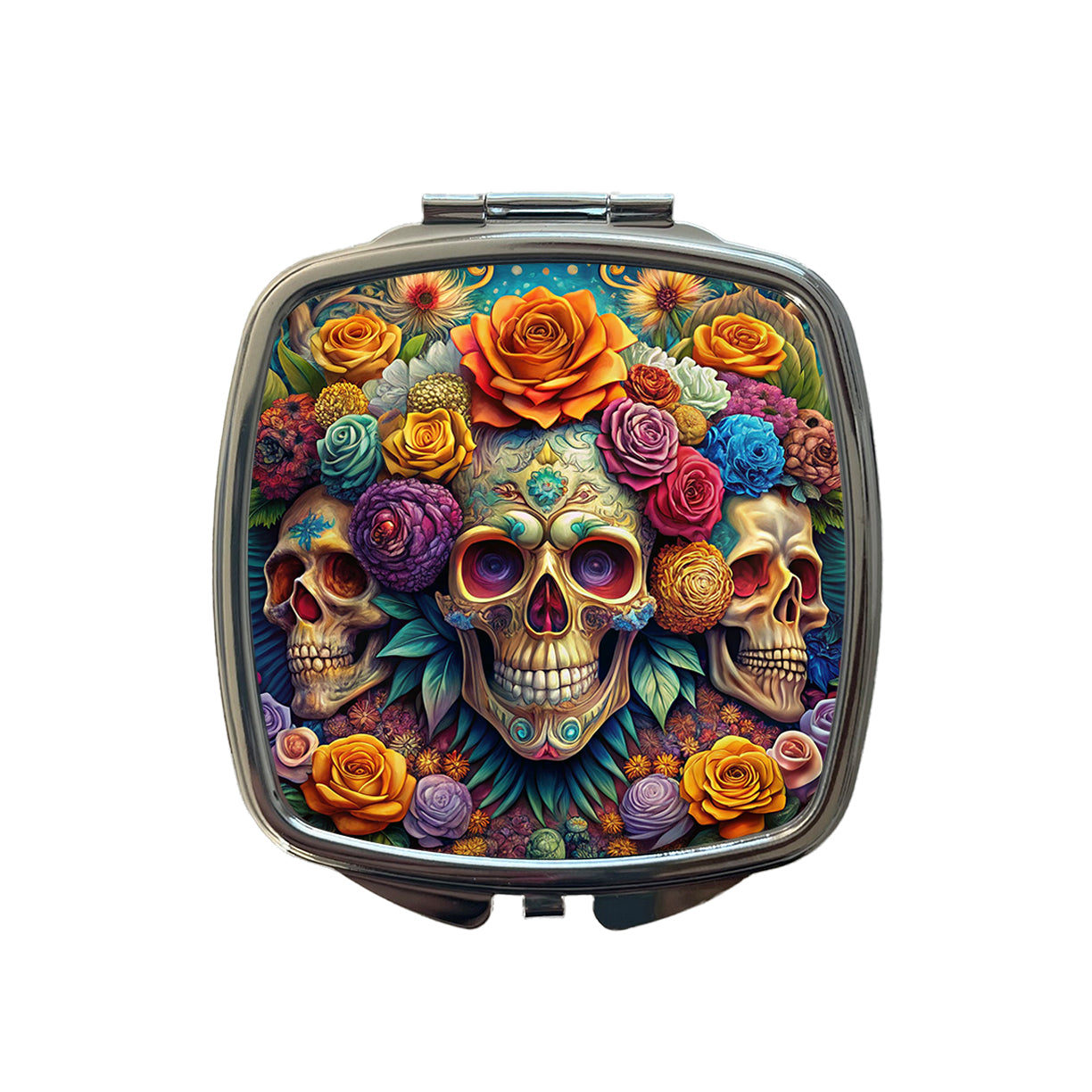Psychedelic Colorful Skulls Flowers And Roses Small Travel Purse Handbag Pocket Makeup Compact Mirror