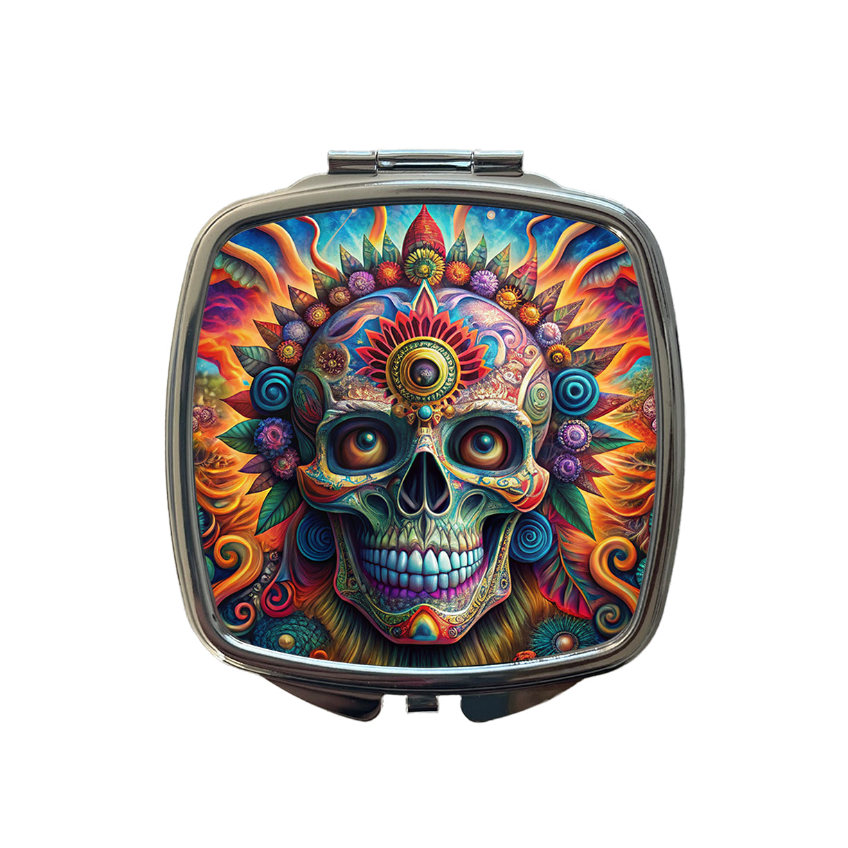 Psychedelic Day of the Dead Skull Vibrant Colors Small Travel Purse Handbag Pocket Makeup Compact Mirror