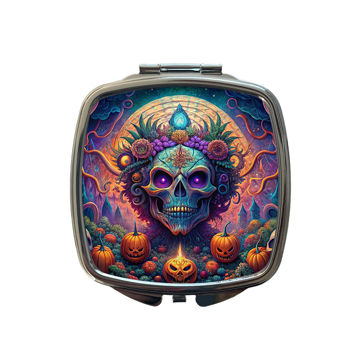 Psychedelic Halloween Skulls Pumpkins Vibrant Colors Small Travel Purse Handbag Pocket Makeup Compact Mirror