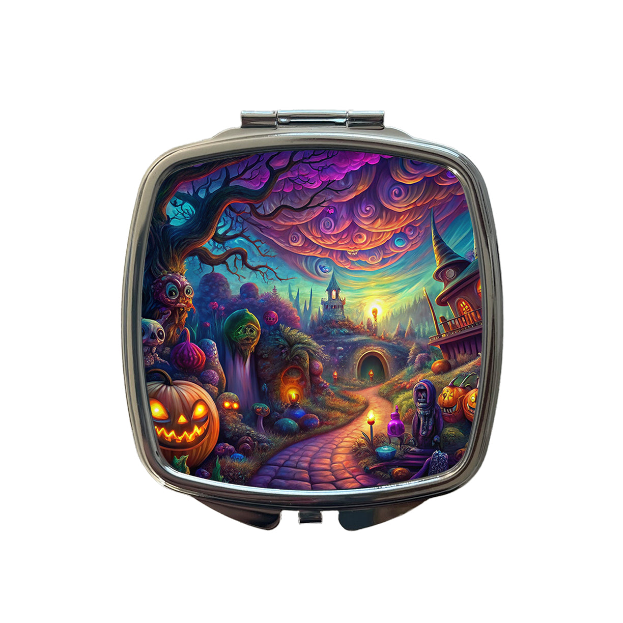 Psychedelic Halloween Town Scene Vibrant Colors Small Travel Purse Handbag Pocket Makeup Compact Mirror