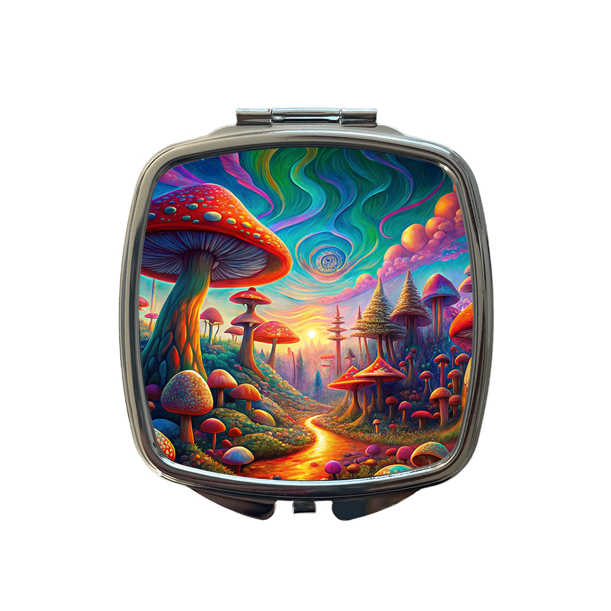 Psychedelic Lots of Mushrooms Vibrant Colors Small Travel Purse Handbag Pocket Makeup Compact Mirror