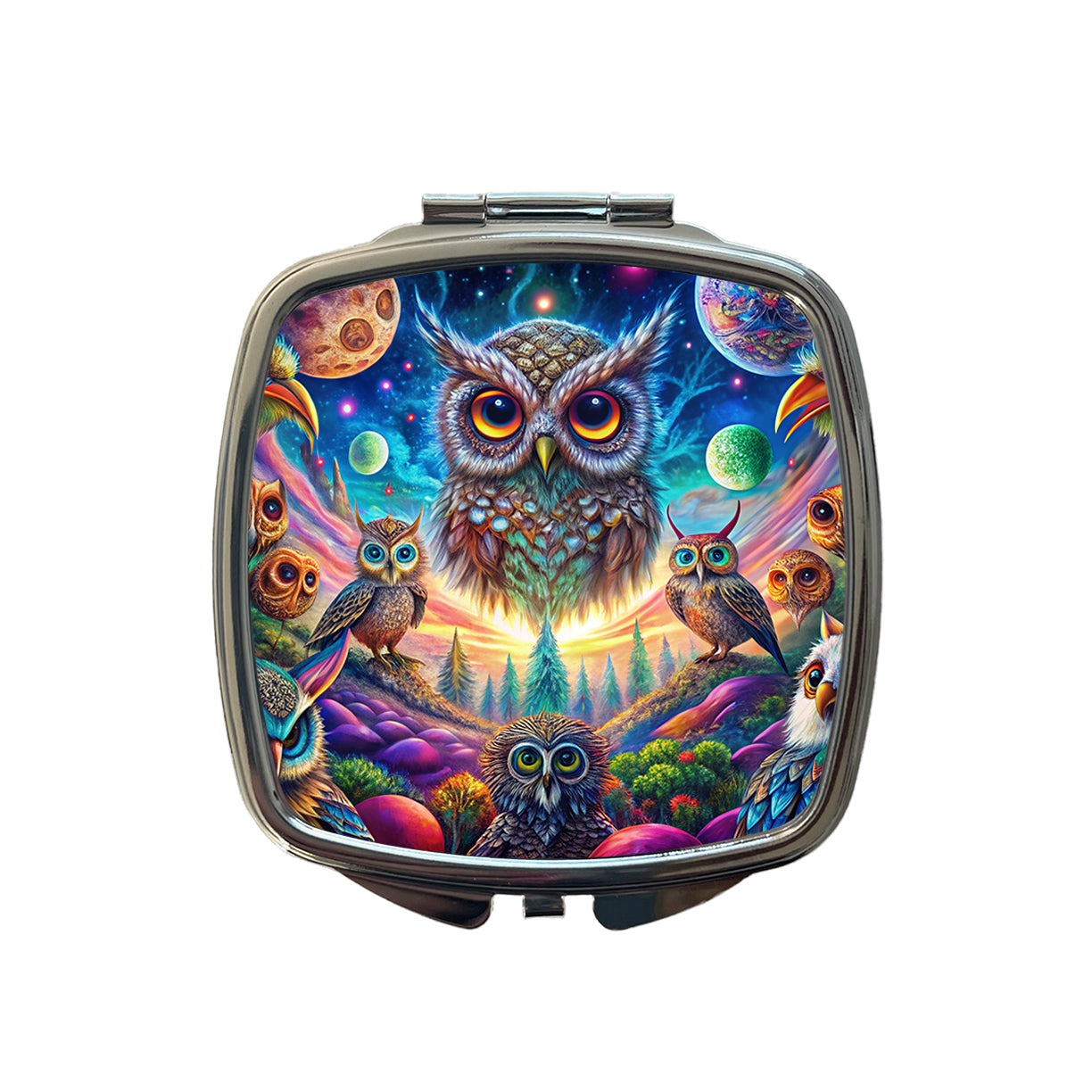 Psychedelic Lots of Owls Vibrant Colors Small Travel Purse Handbag Pocket Makeup Compact Mirror