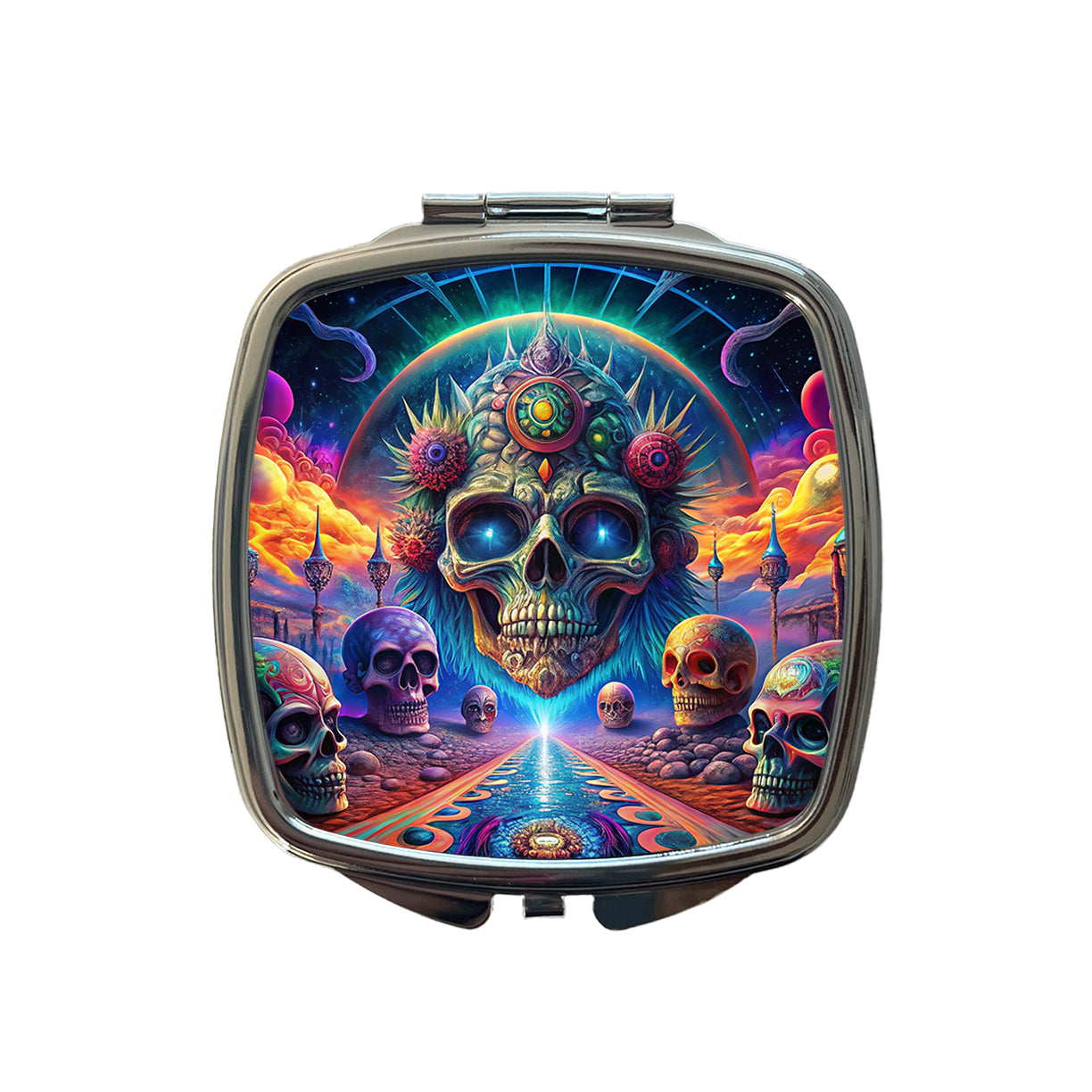 Psychedelic Skulls Design Small Travel Purse Handbag Pocket Makeup Compact Mirror