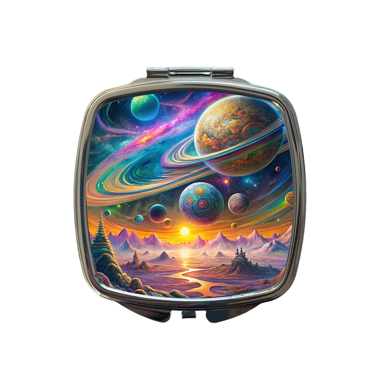 Psychedelic Solar System Space Design Small Travel Purse Handbag Pocket Makeup Compact Mirror