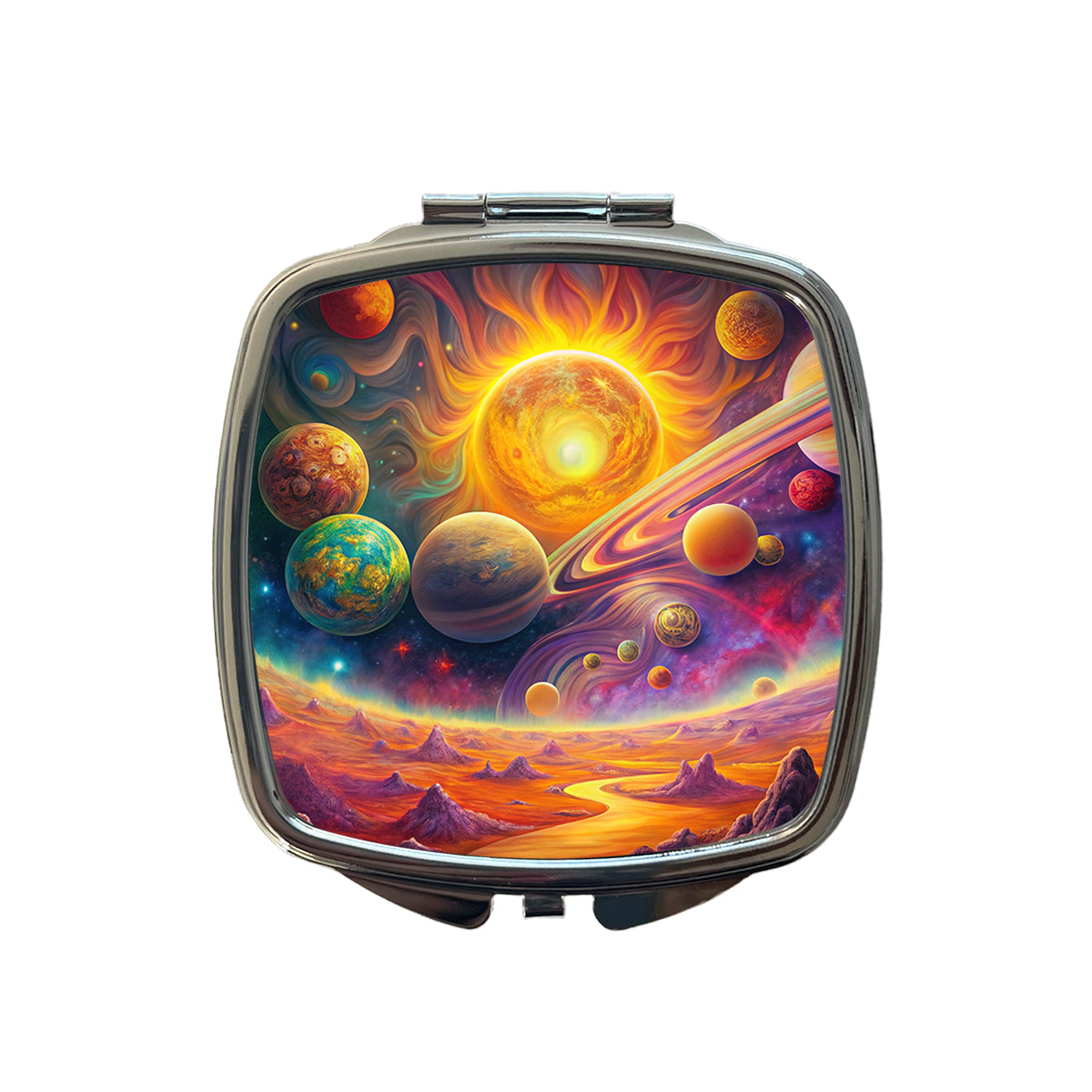 Psychedelic Sun And Planets Solar System Small Travel Purse Handbag Pocket Makeup Compact Mirror
