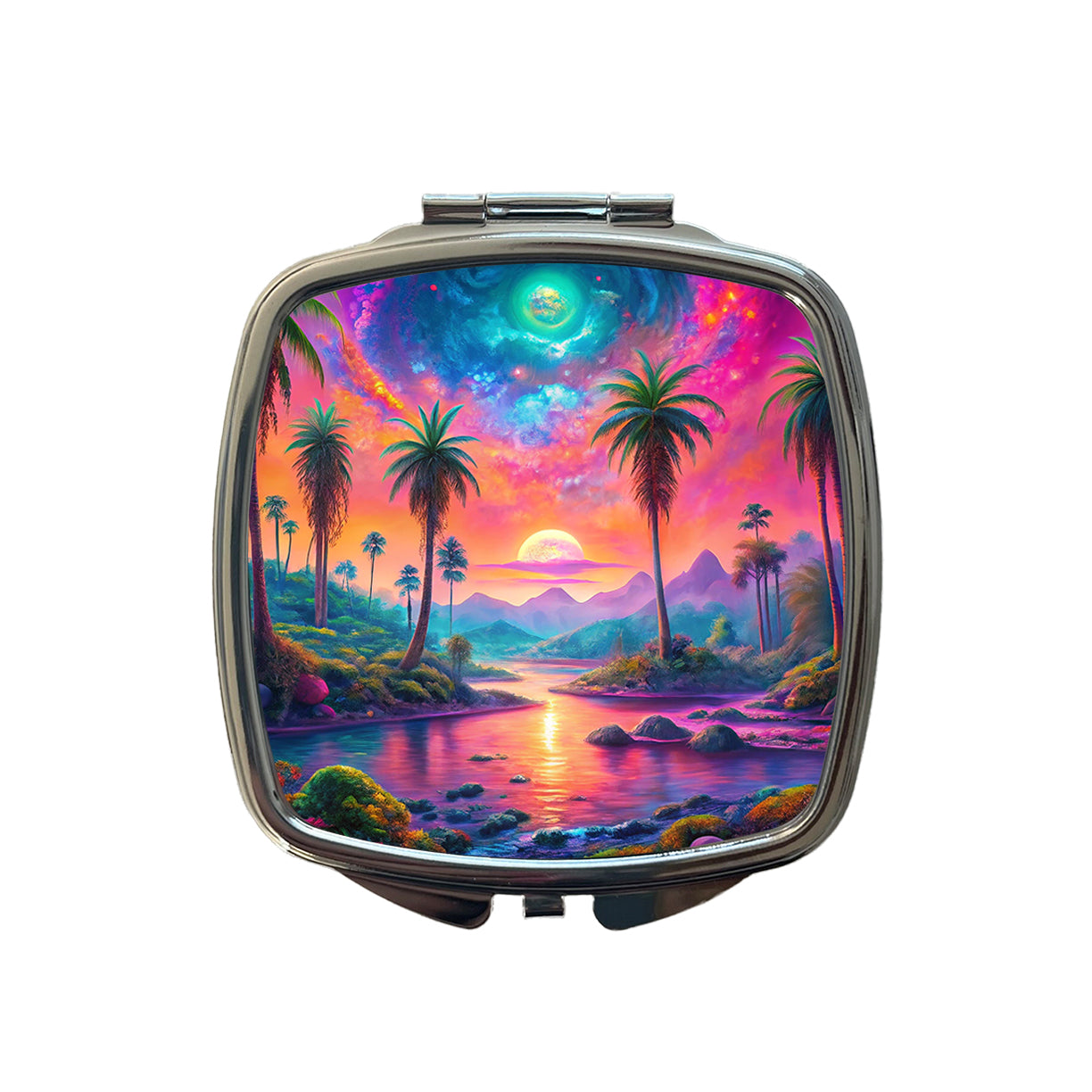 Psychedelic Tropical Palm Trees Colorful Scene Small Travel Purse Handbag Pocket Makeup Compact Mirror