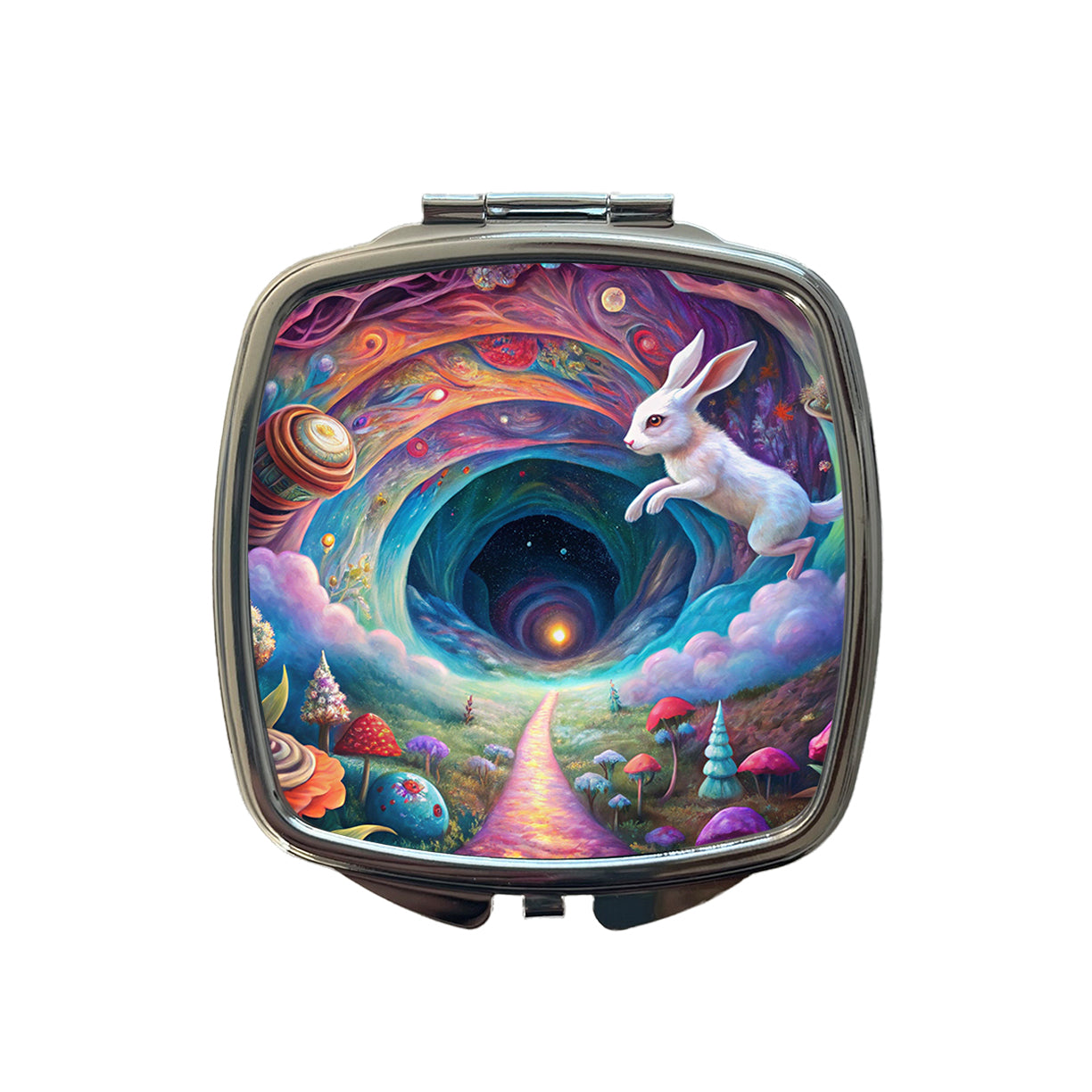 Psychedelic Wonderland White Rabbit Going Down The Hole Small Travel Purse Handbag Pocket Makeup Compact Mirror