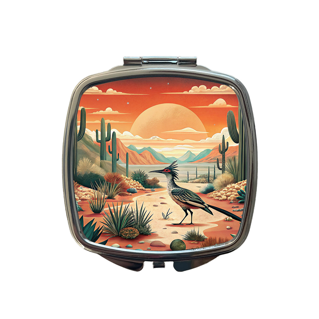 Southwestern Desert Sunrise Roadrunner Design Small Travel Purse Handbag Pocket Makeup Compact Mirror