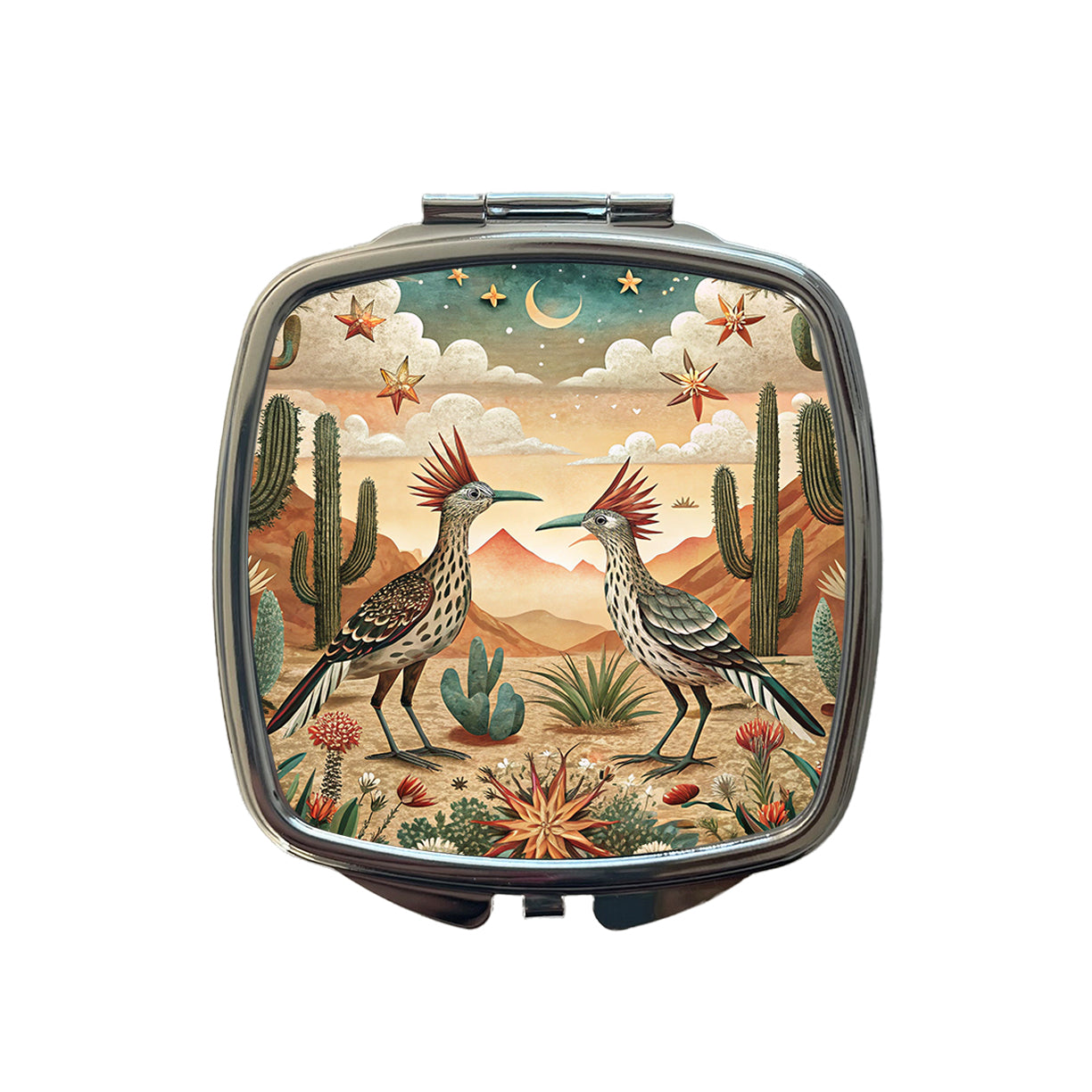 Southwestern Desert Tribal Roadrunners Design Small Travel Purse Handbag Pocket Makeup Compact Mirror