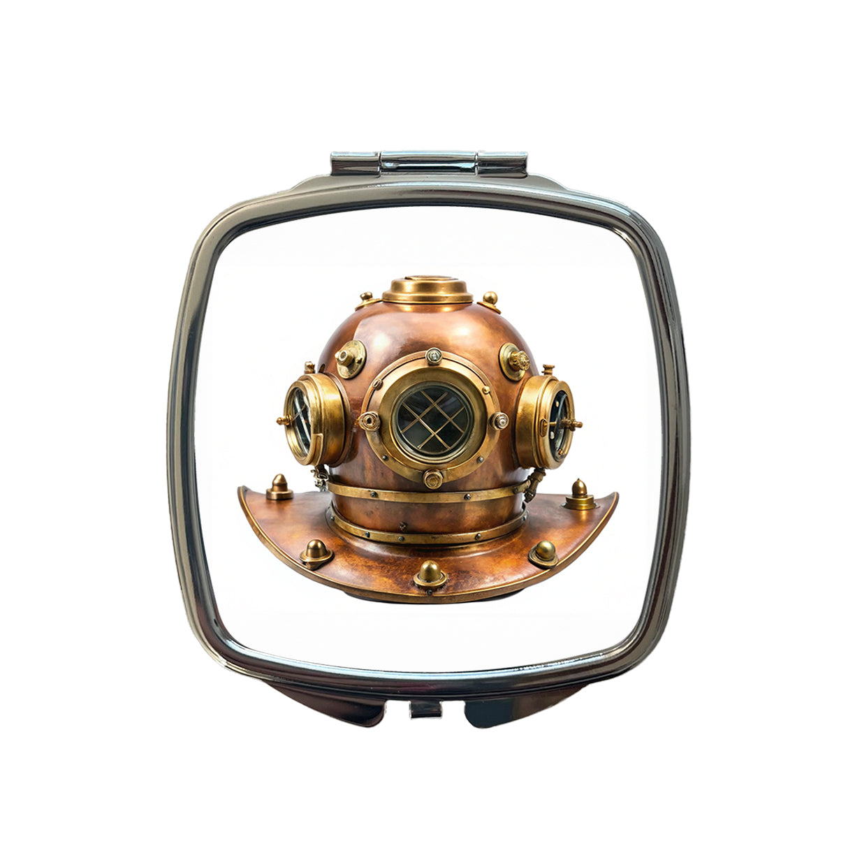 Retro Copper And Brass Diving Helmet Small Travel Purse Handbag Pocket Makeup Compact Mirror