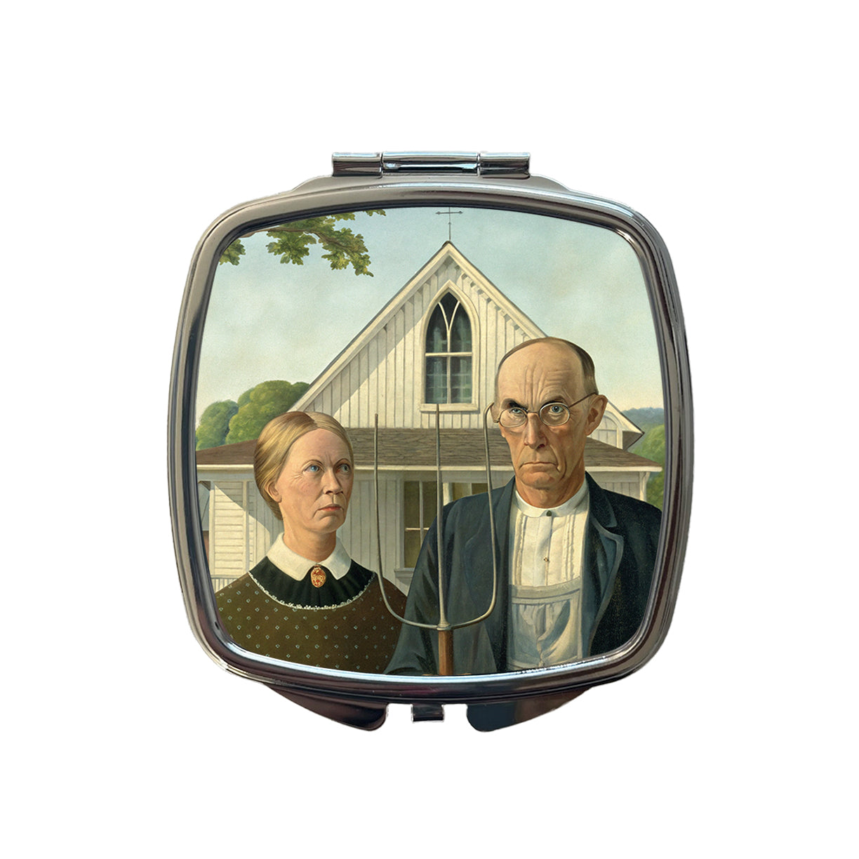 American Gothic Grant Wood Painting Inspired Small Travel Purse Handbag Pocket Makeup Compact Mirror