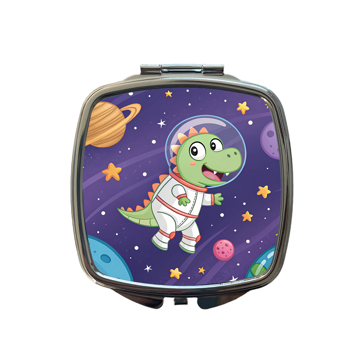 Astronaut Dinosaur Floating Outer Space Planets Small Travel Purse Handbag Pocket Makeup Compact Mirror