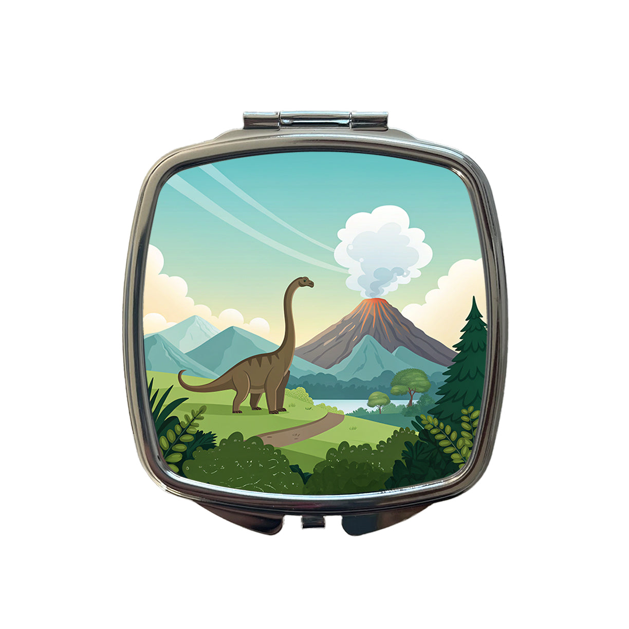 Brachiosaurus Volcano Erupting Dinosaur Small Travel Purse Handbag Pocket Makeup Compact Mirror