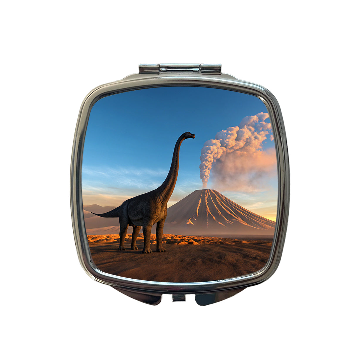 Brachiosaurus Volcano Sunset Dinosaur Small Travel Purse Handbag Pocket Makeup Compact Mirror