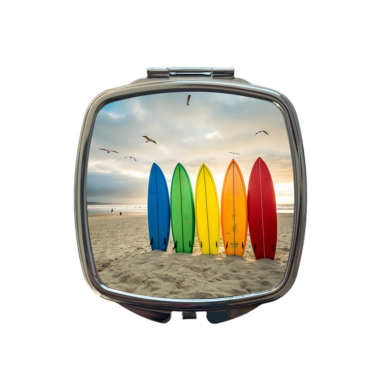 Brightly Colored Surfboards In The Sand Beach Ocean Small Travel Purse Handbag Pocket Makeup Compact Mirror