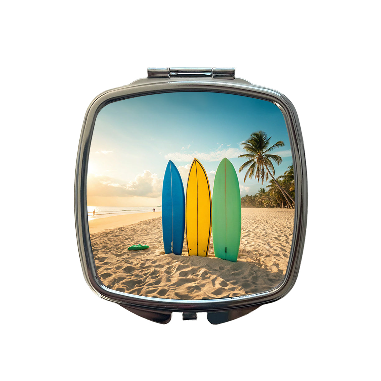 Brightly Colored Surfboards Sand Beach Ocean Small Travel Purse Handbag Pocket Makeup Compact Mirror