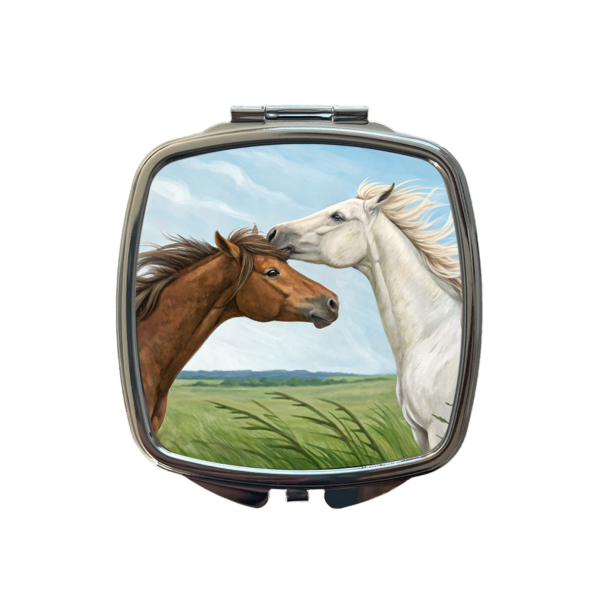 Brown White Horses Love Small Travel Purse Handbag Pocket Makeup Compact Mirror