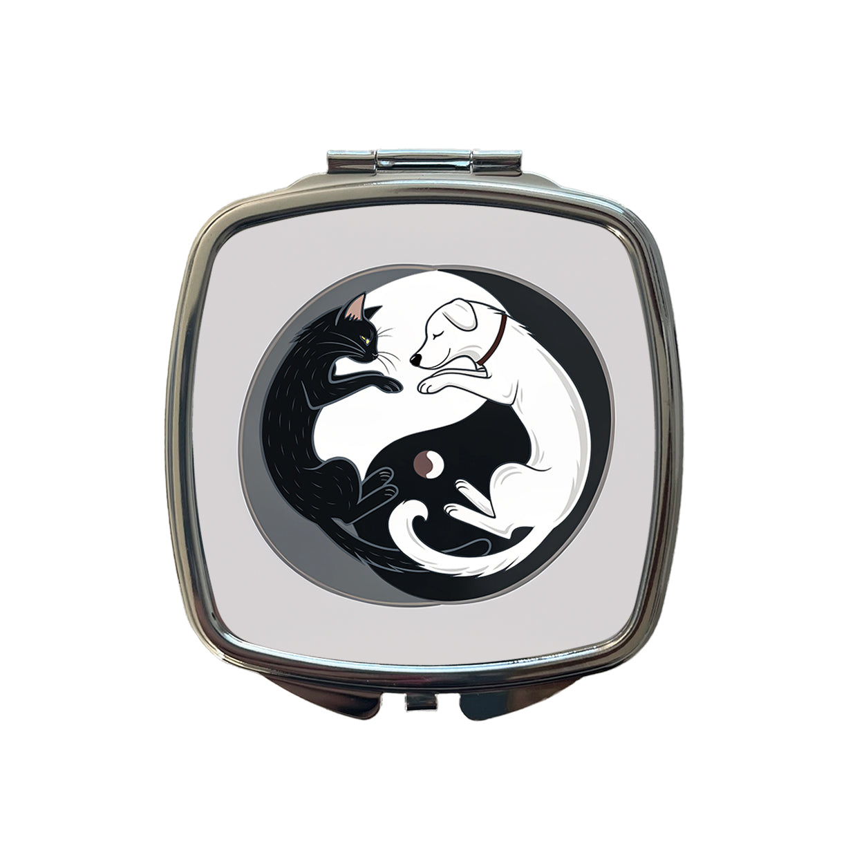 Cat Dog Black White Swirling Yin Yang Small Travel Purse Handbag Pocket Makeup Compact Mirror