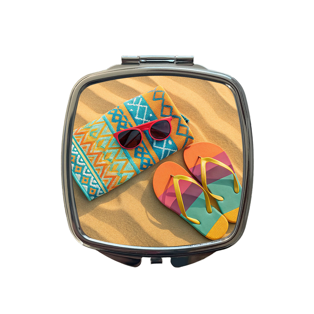 Colorful Sunglasses Flip Flops Towel On Sandy Beach Small Travel Purse Handbag Pocket Makeup Compact Mirror