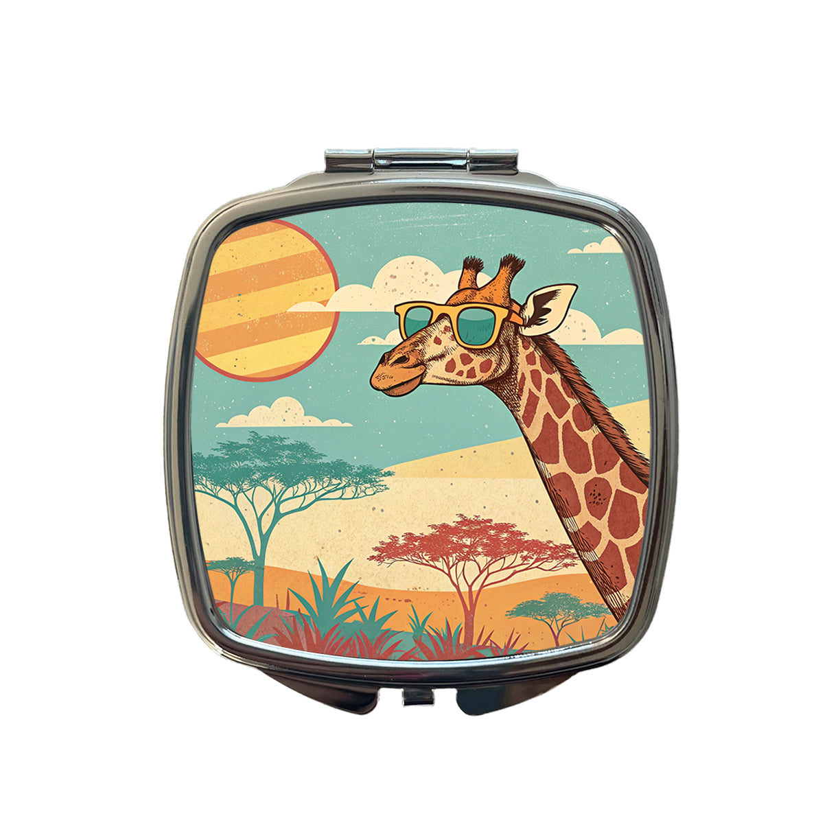 Cool Giraffe Wearing Sunglasses Retro Illustration Small Travel Purse Handbag Pocket Makeup Compact Mirror
