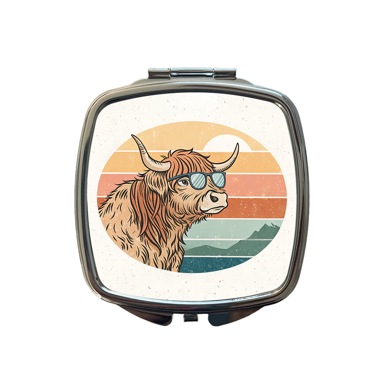 Cool Highland Cow Wearing Sunglasses Retro Small Travel Purse Handbag Pocket Makeup Compact Mirror